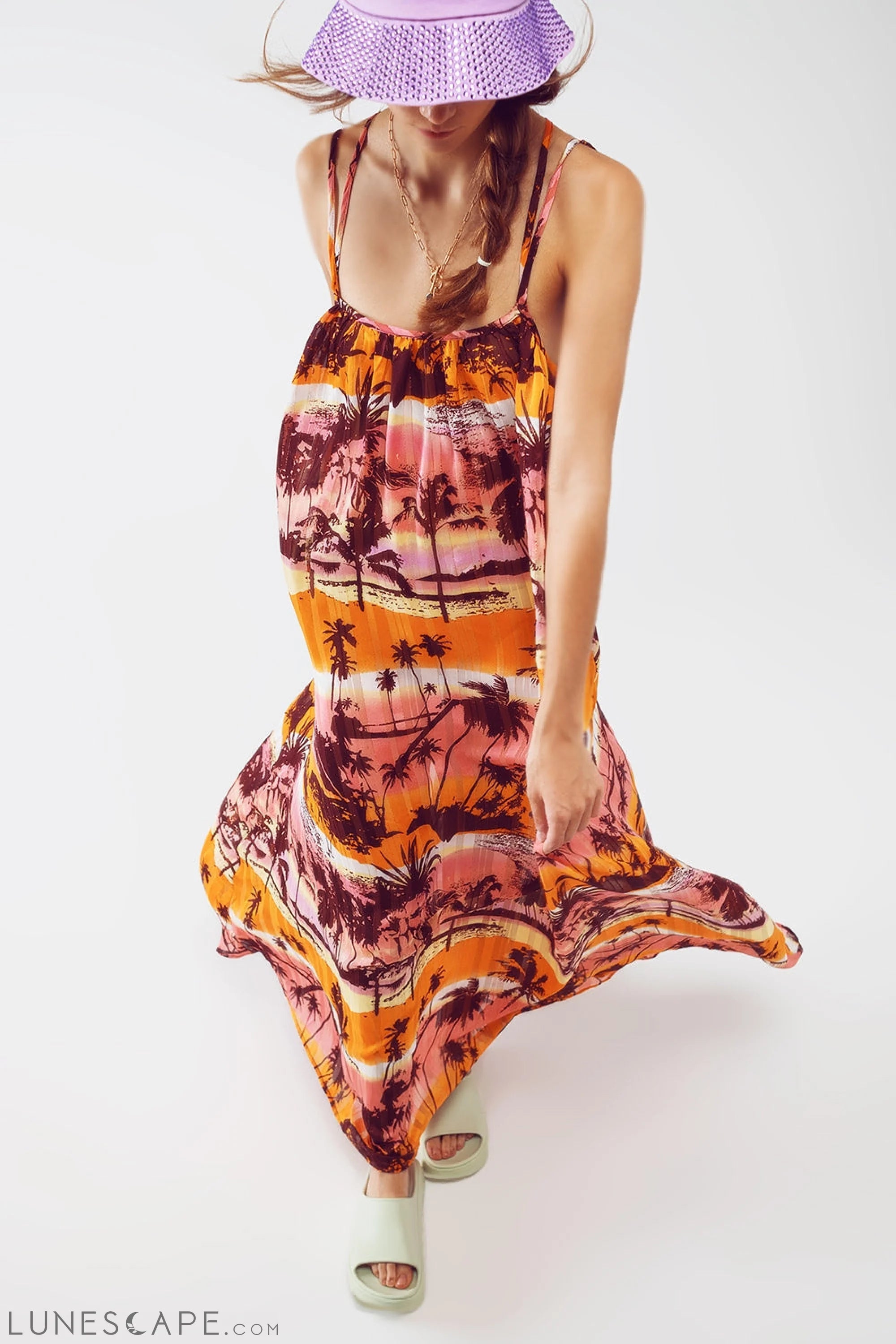 Relaxed Open Back Maxi Dress in Tropical Pink Print LUNESCAPE