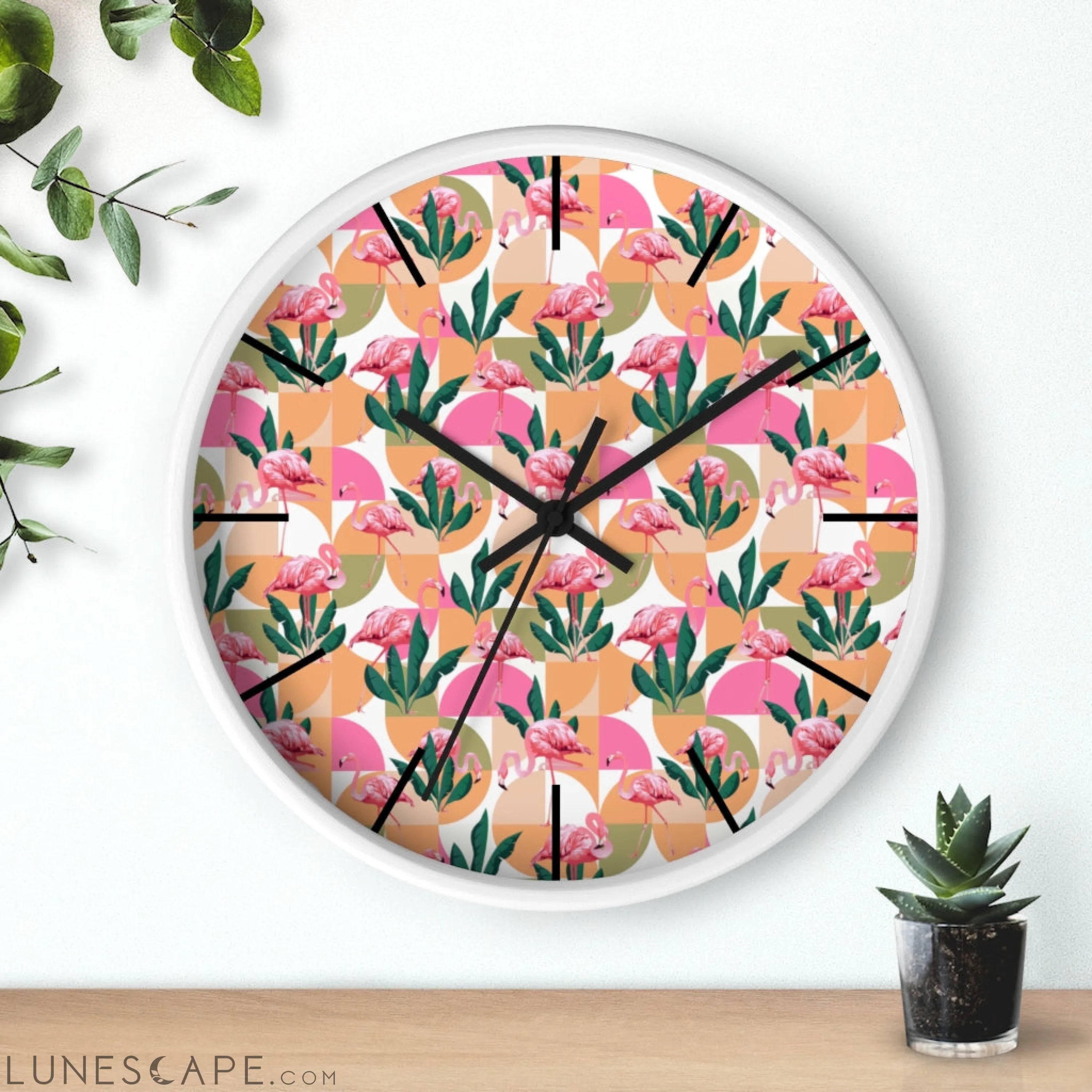 Retro Pink Flamingo Geometric Clock LUNESCAPE