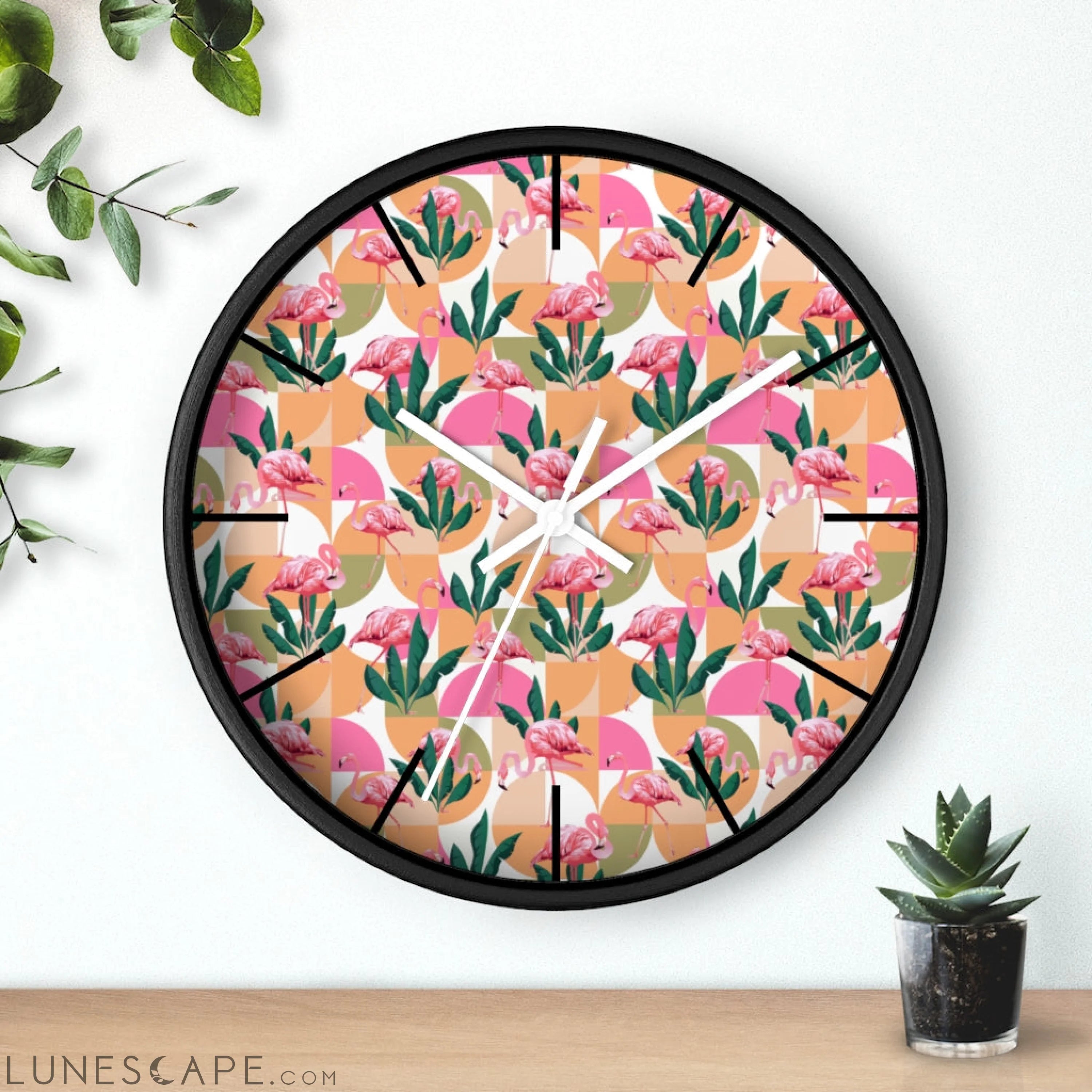 Retro Pink Flamingo Geometric Clock LUNESCAPE