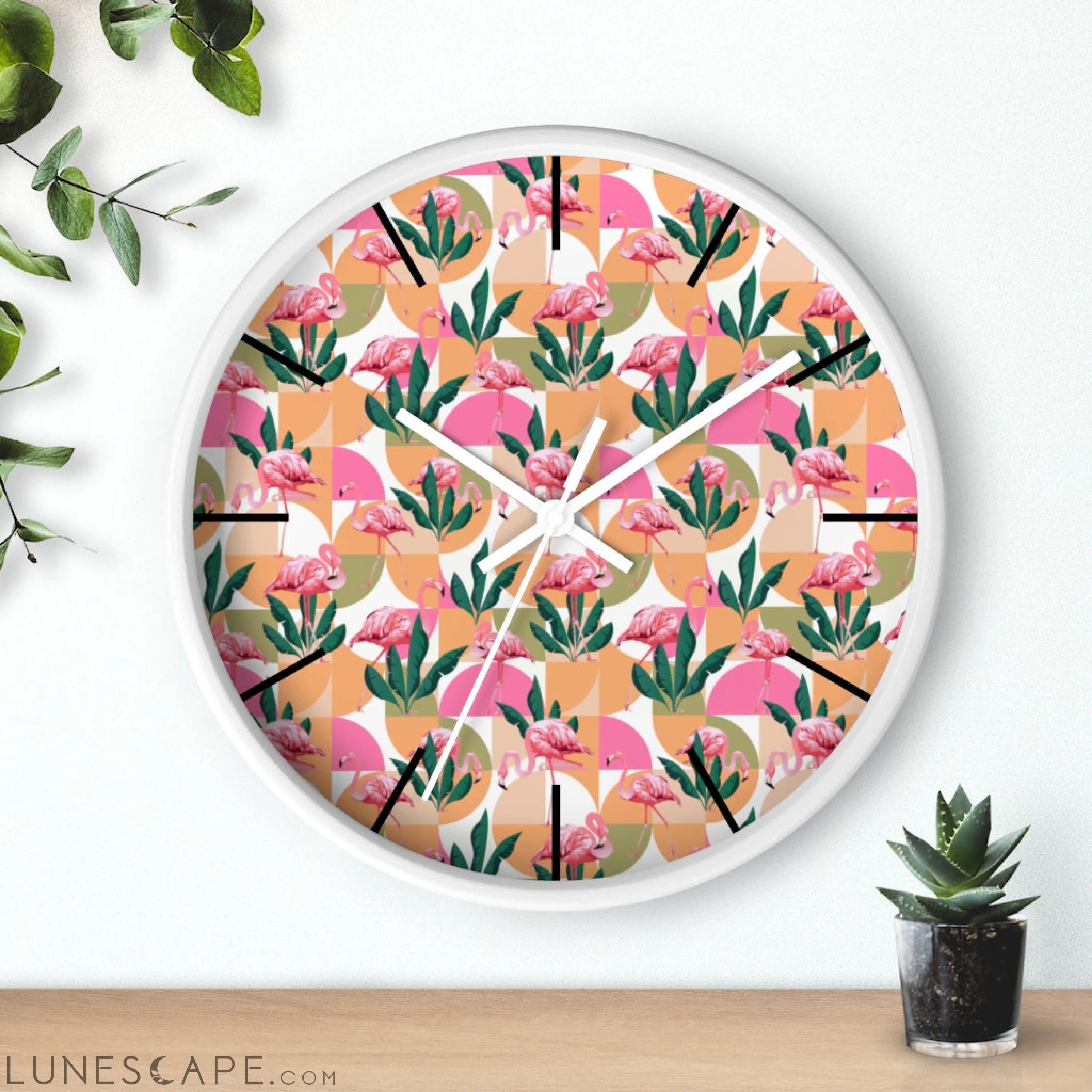 Retro Pink Flamingo Geometric Clock LUNESCAPE