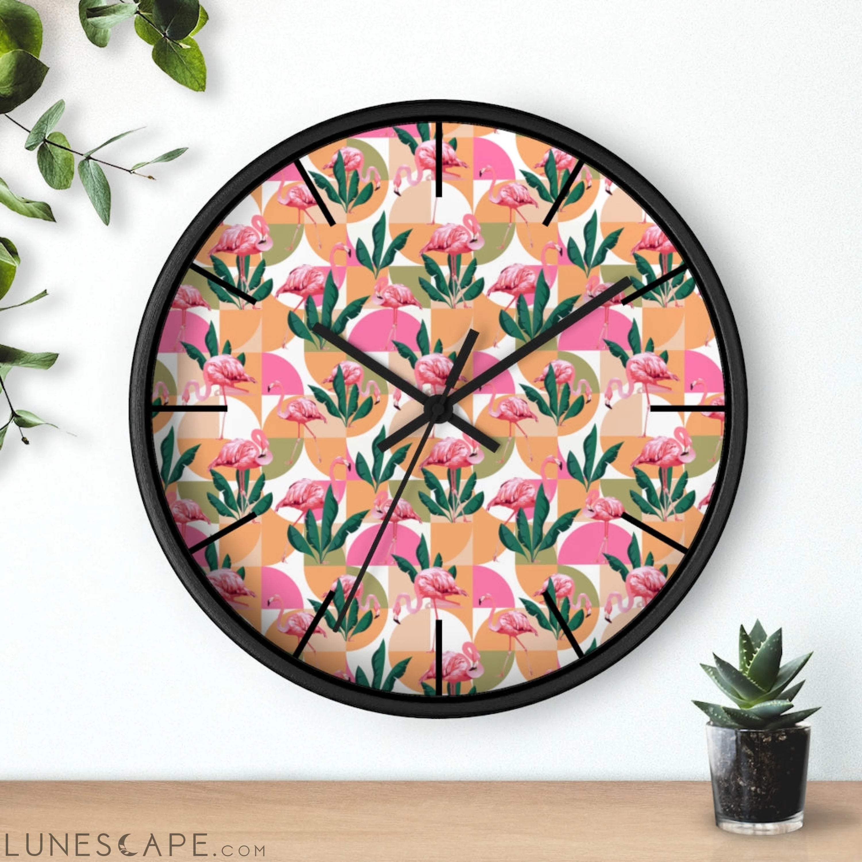 Retro Pink Flamingo Geometric Clock LUNESCAPE