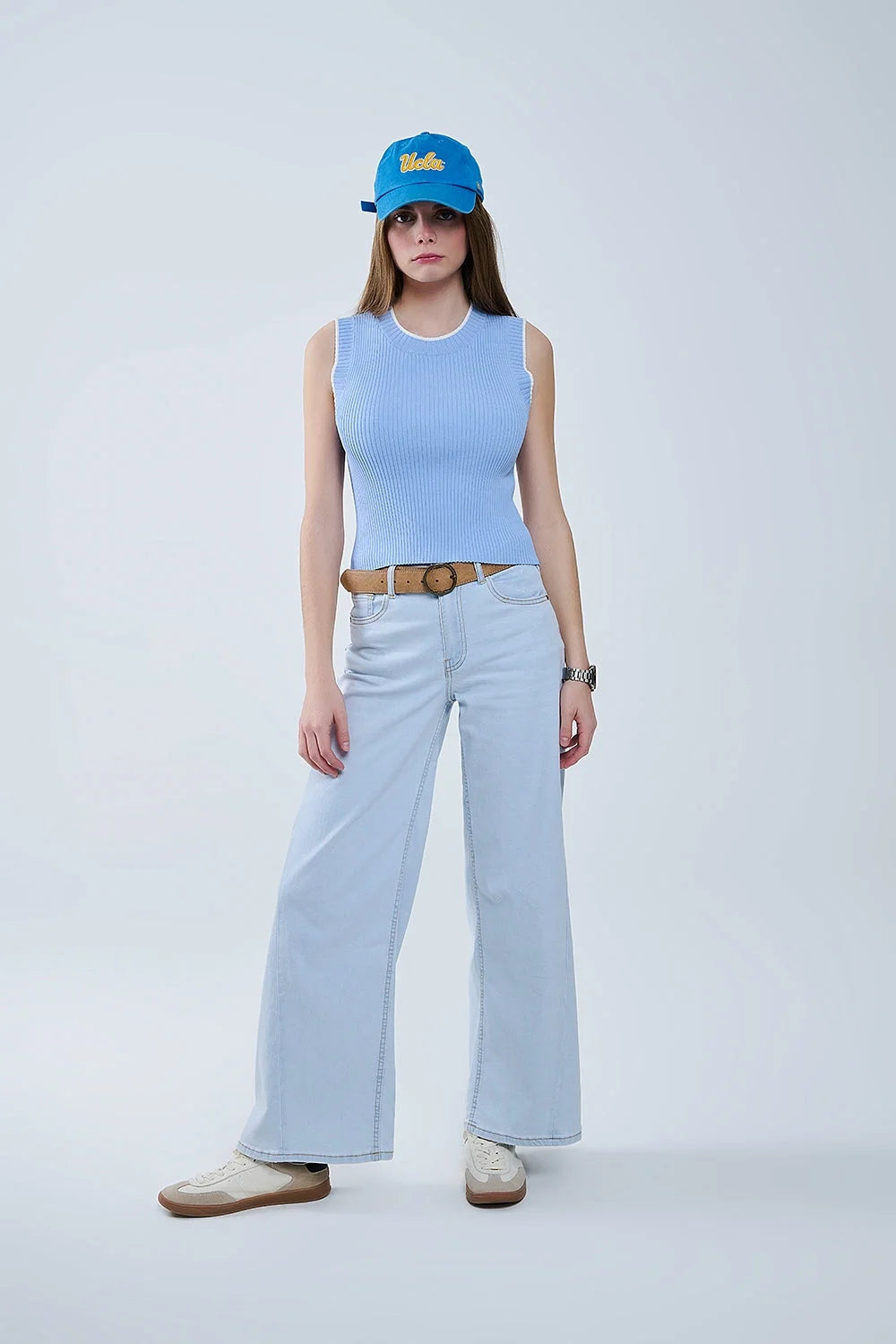 Ribbed Cap Sleve Top in Blue With White Trim LUNESCAPE