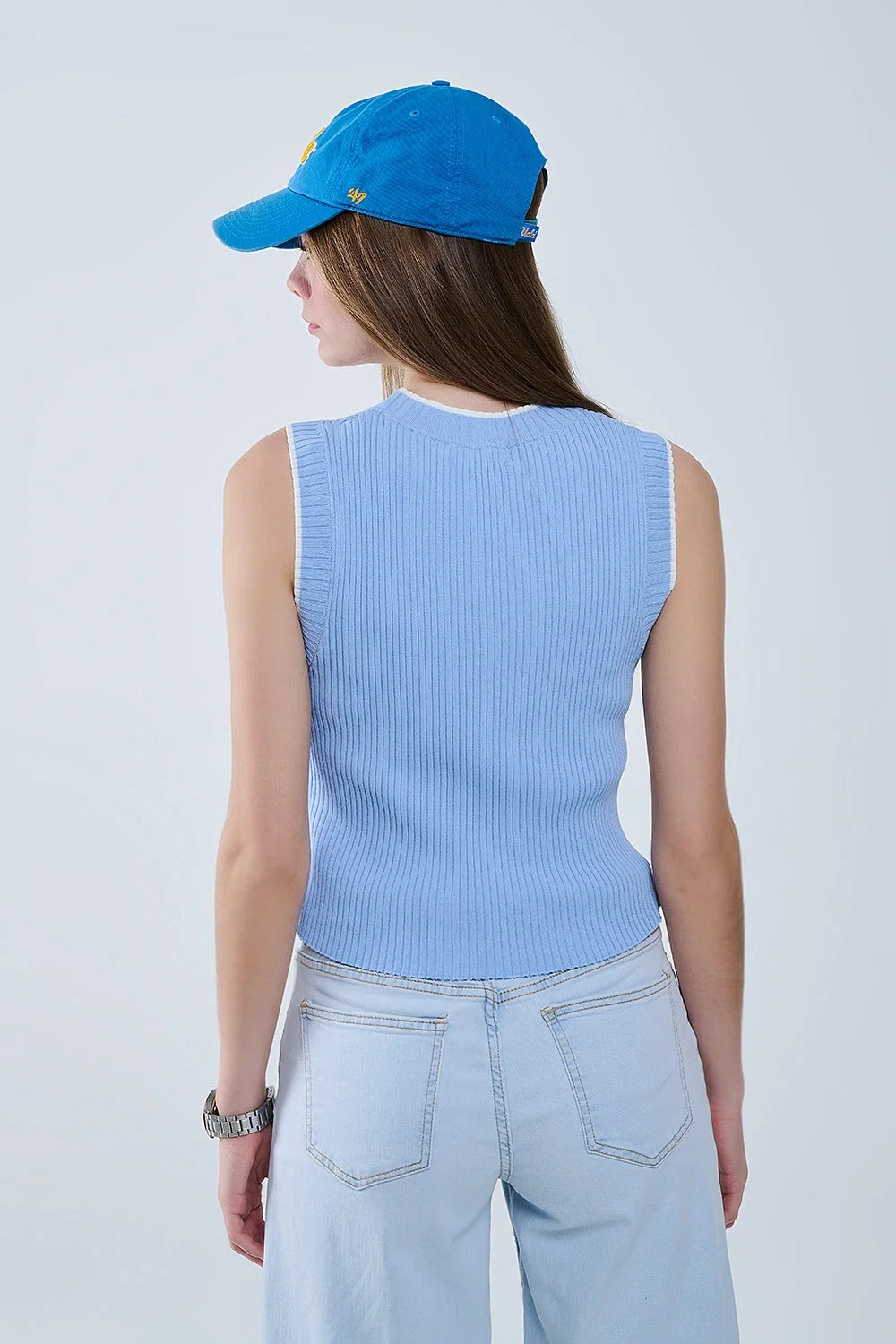 Ribbed Cap Sleve Top in Blue With White Trim LUNESCAPE