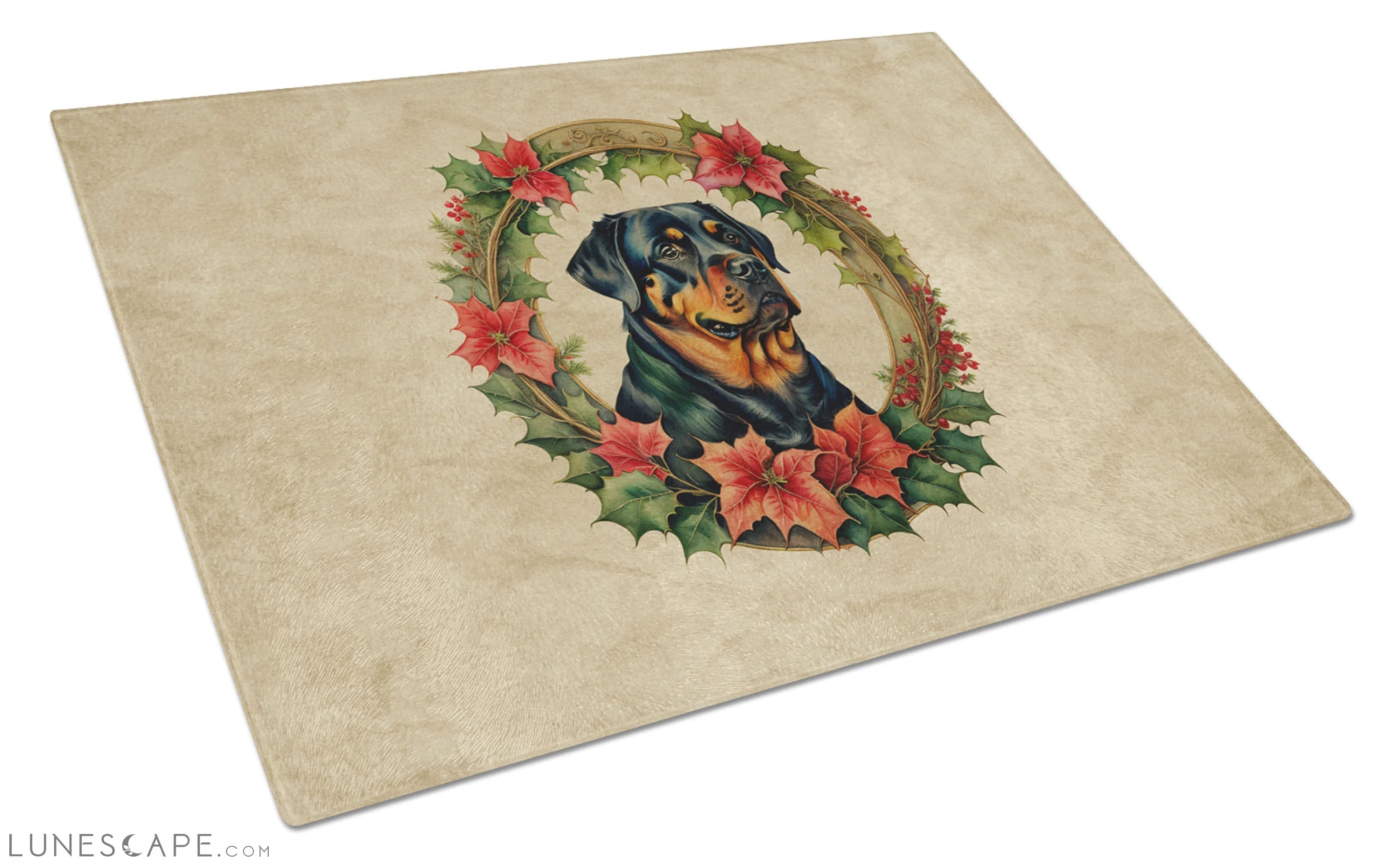 Rottweiler Christmas Flowers Glass Cutting Board LUNESCAPE