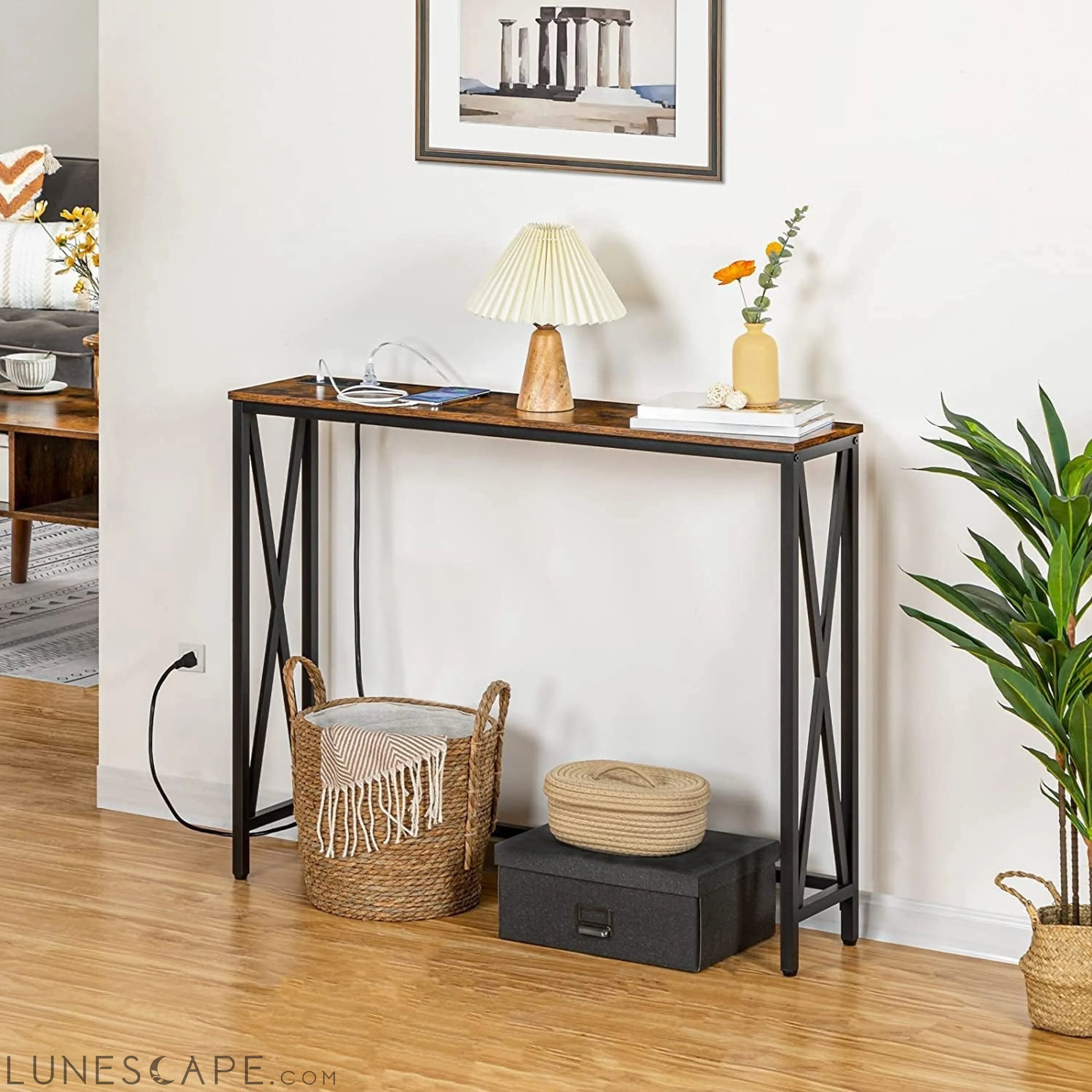 Rustic Brown Sofa Table with Power Outlet LUNESCAPE