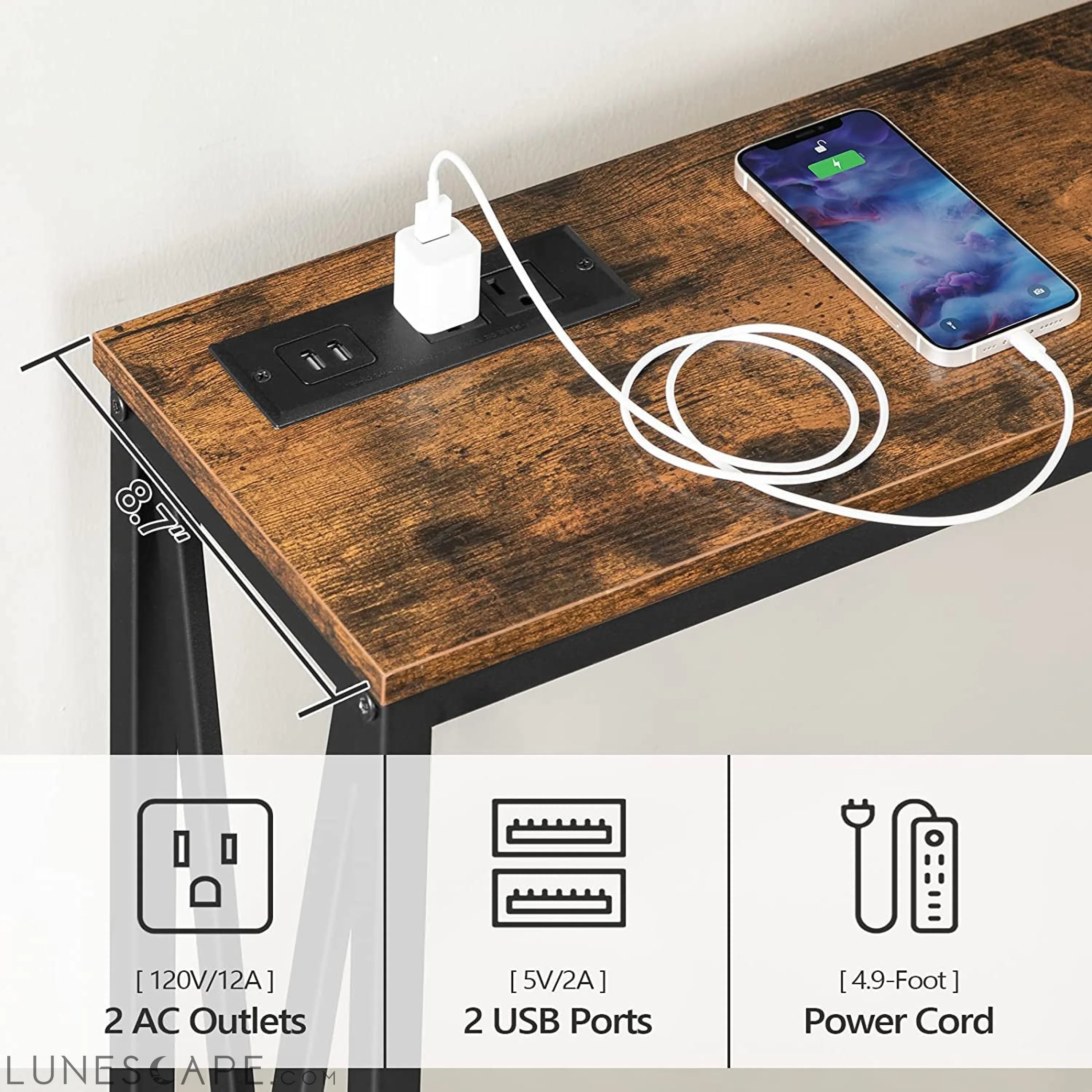 Rustic Brown Sofa Table with Power Outlet LUNESCAPE