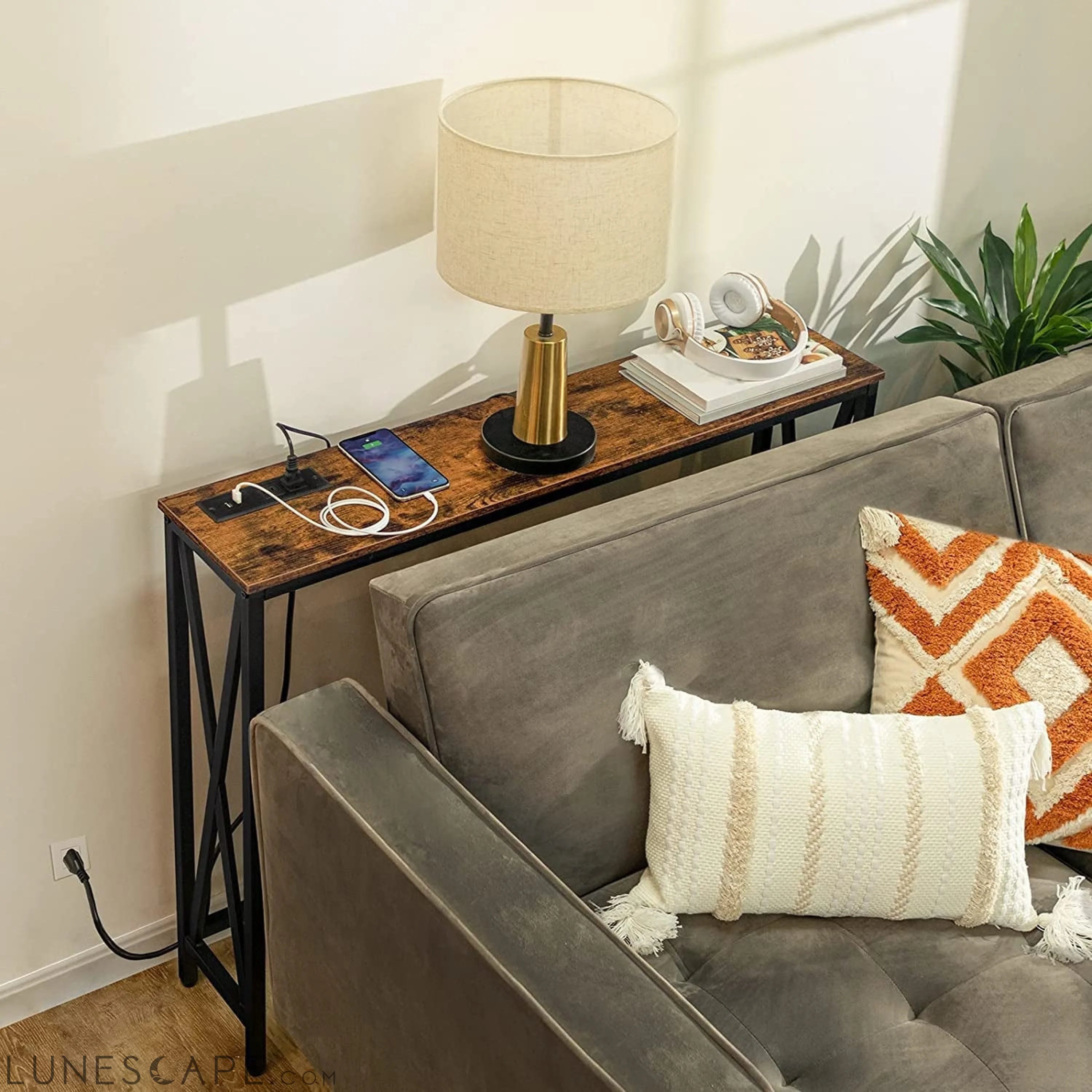 Rustic Brown Sofa Table with Power Outlet LUNESCAPE