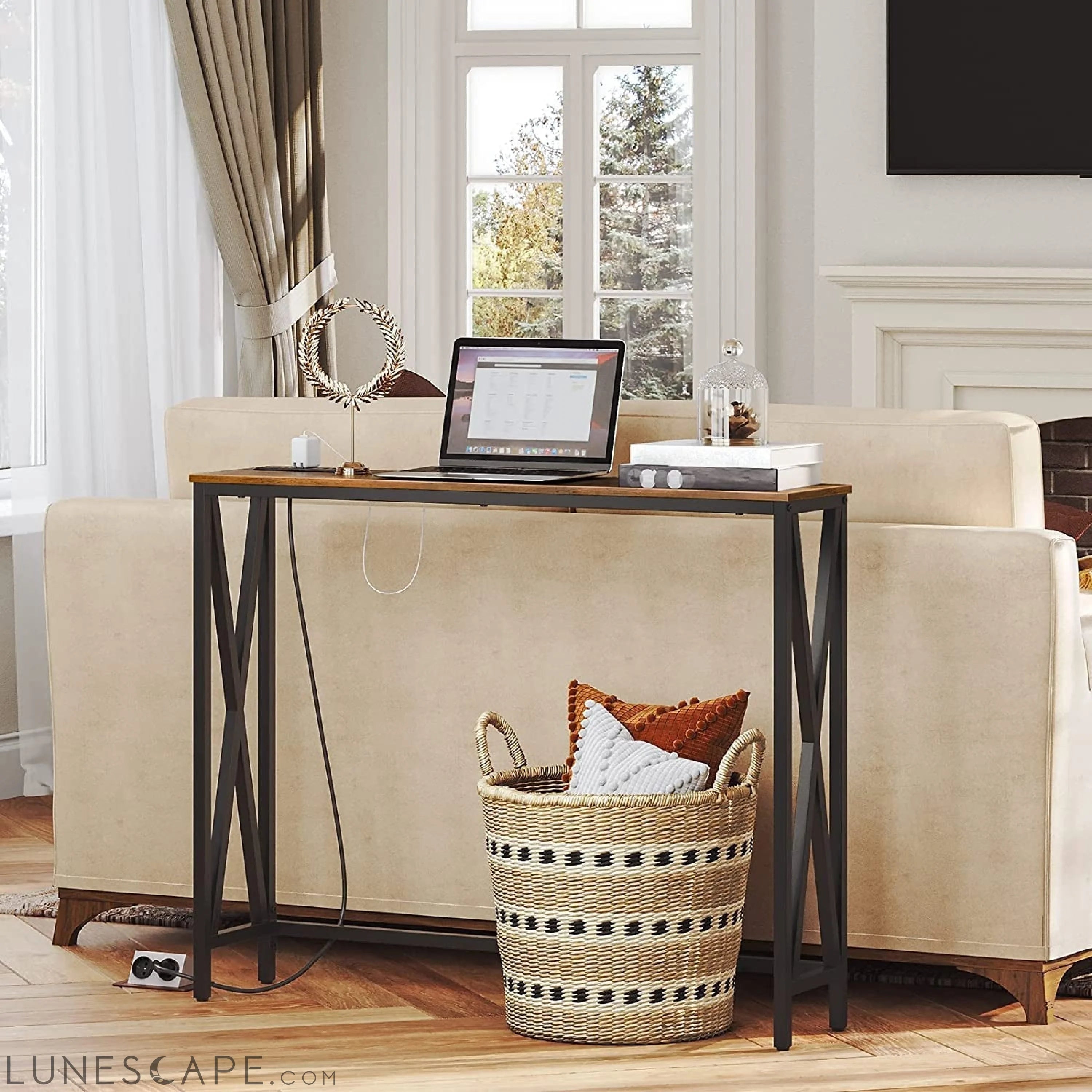 Rustic Brown Sofa Table with Power Outlet LUNESCAPE
