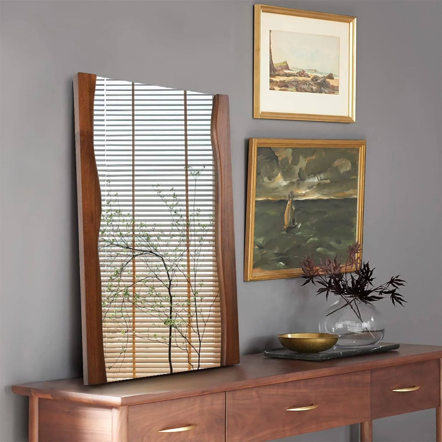 Rustic Brown Wood Bathroom Mirror with Live Edge Frame - Irregular 20 LUNESCAPE