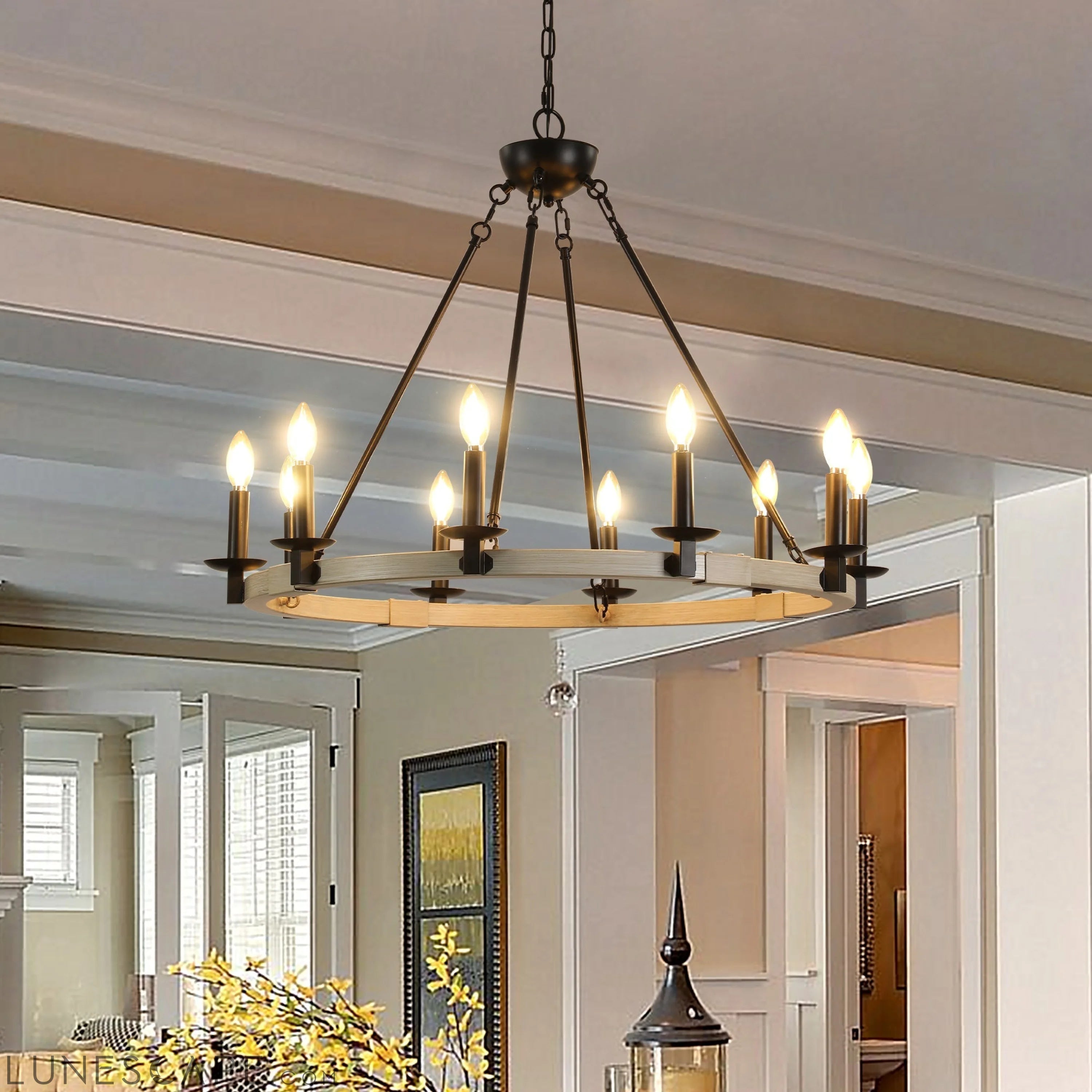Rustic Farmhouse 10-Light Candle Chandelier, Black Metal and Wood LUNESCAPE