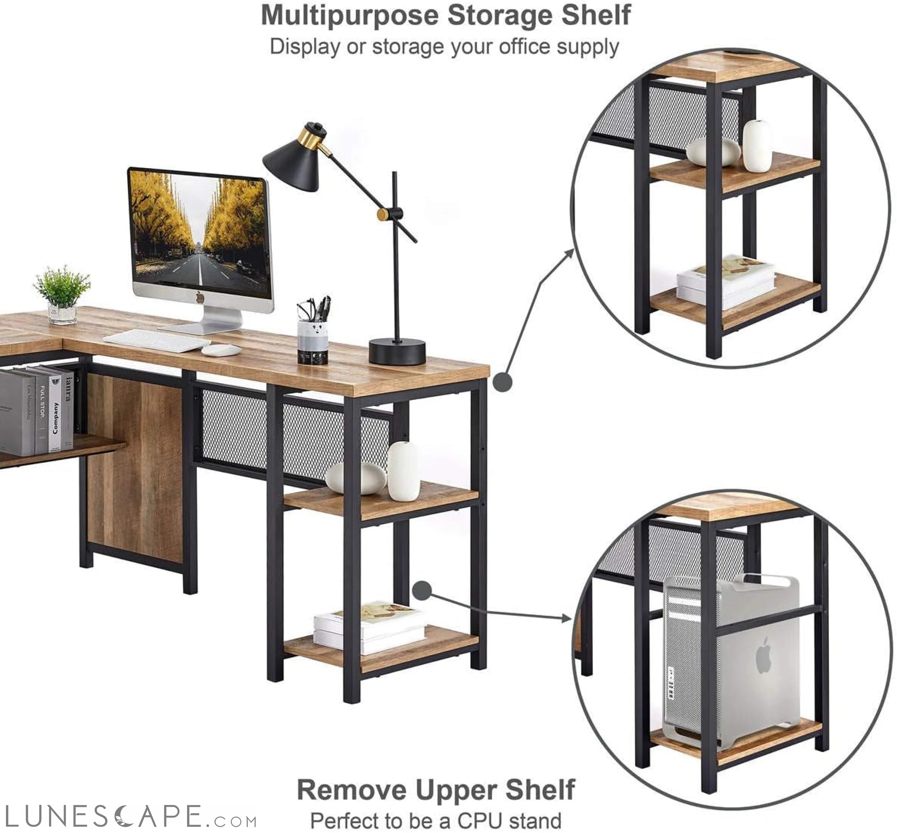 Rustic Industrial L-Shaped Office Desk with Shelves LUNESCAPE