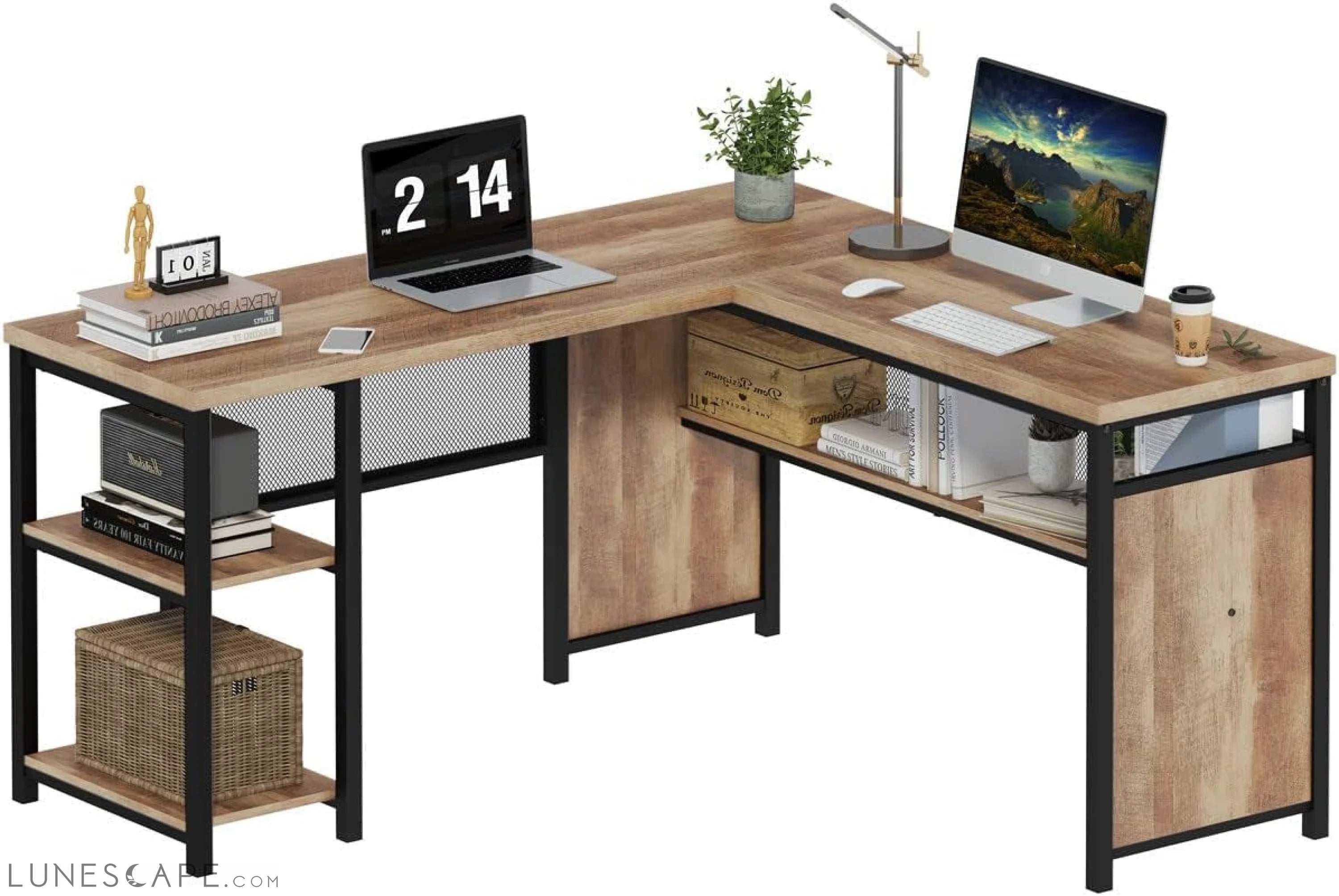 Rustic Industrial L-Shaped Office Desk with Shelves LUNESCAPE