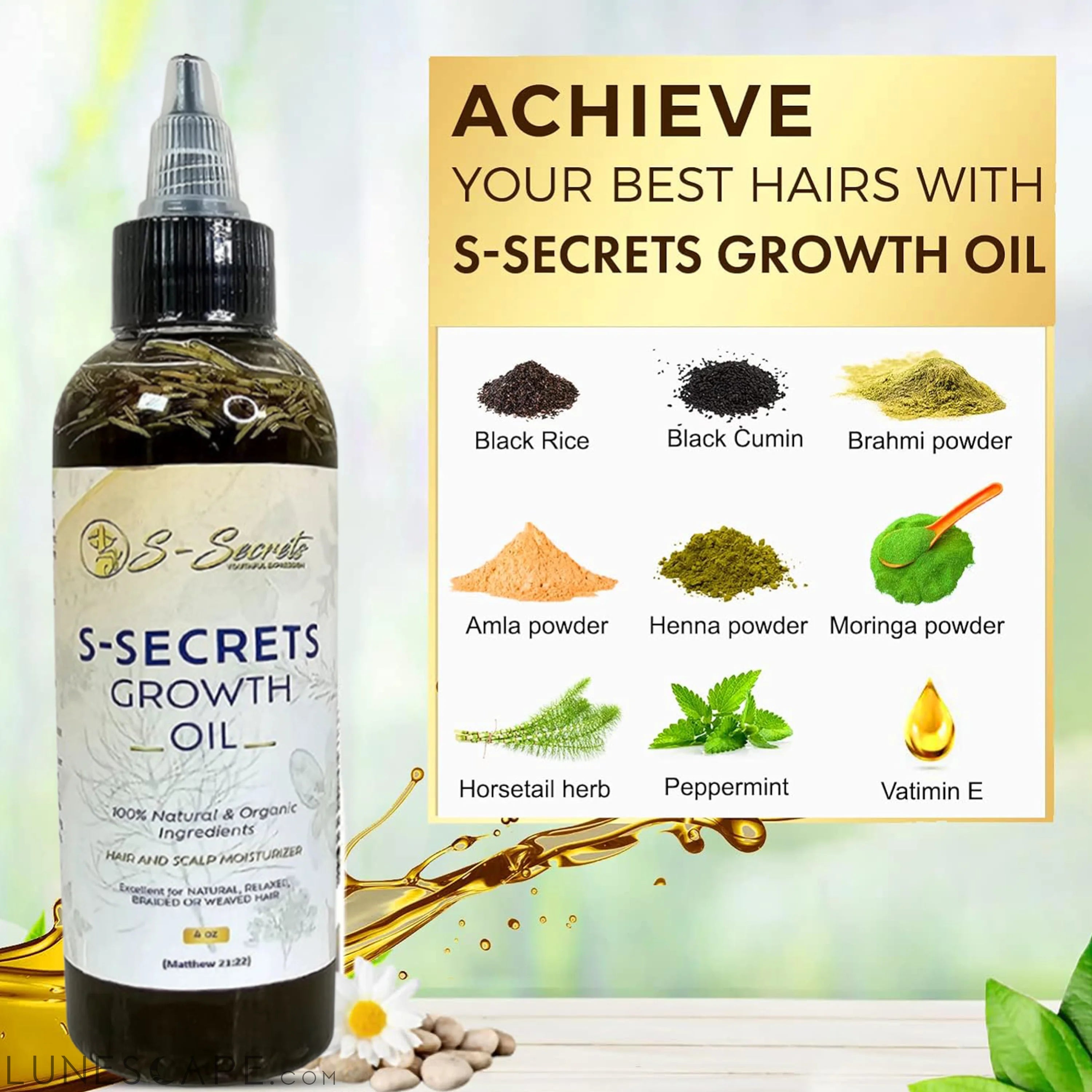 S-Secrets Hair Growth Oil 4oz, Herbs, Biotin, essential oils For All LUNESCAPE