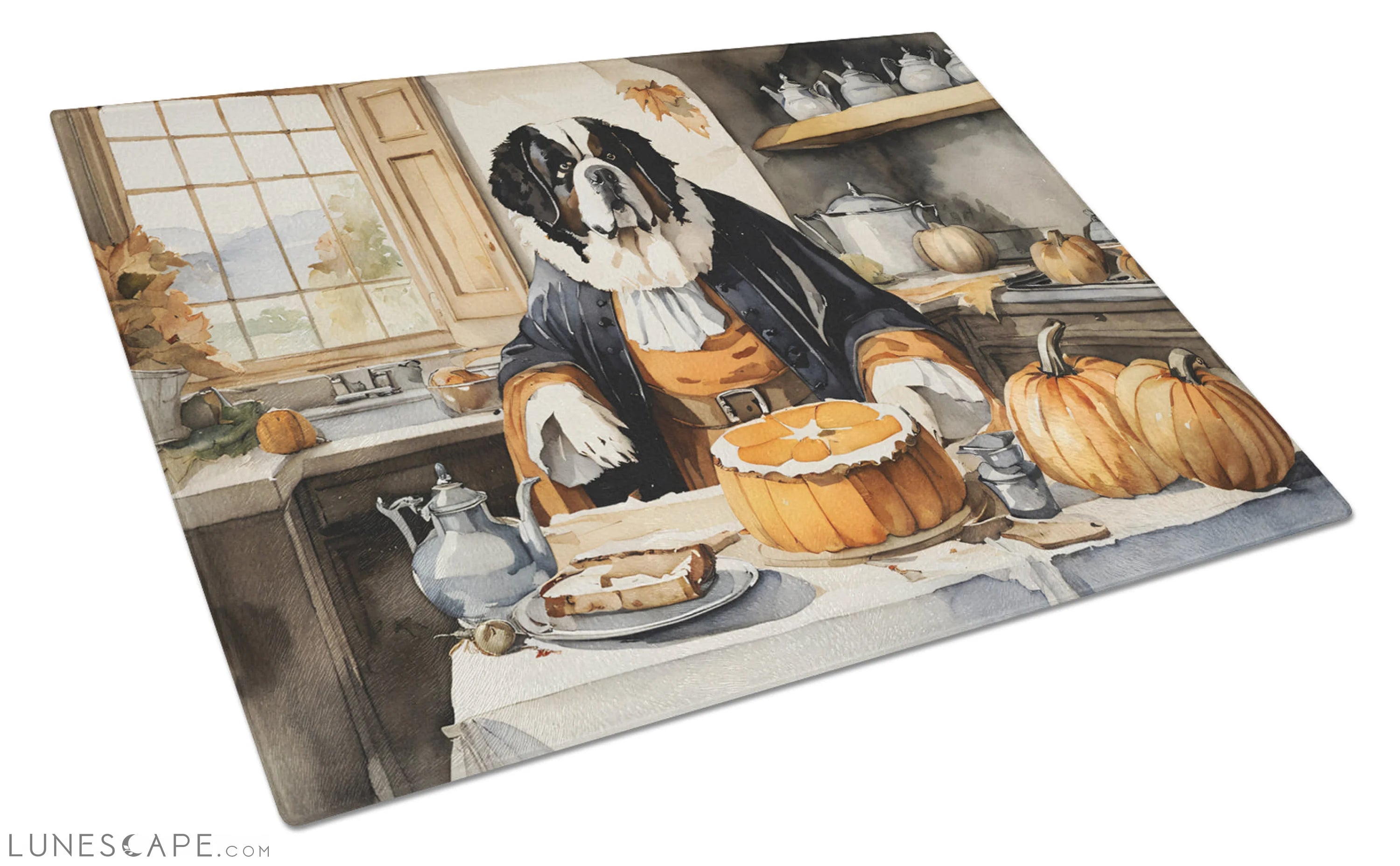 Saint Bernard Thanksgiving Fall Kitchen Pumpkins Glass Cutting Board LUNESCAPE