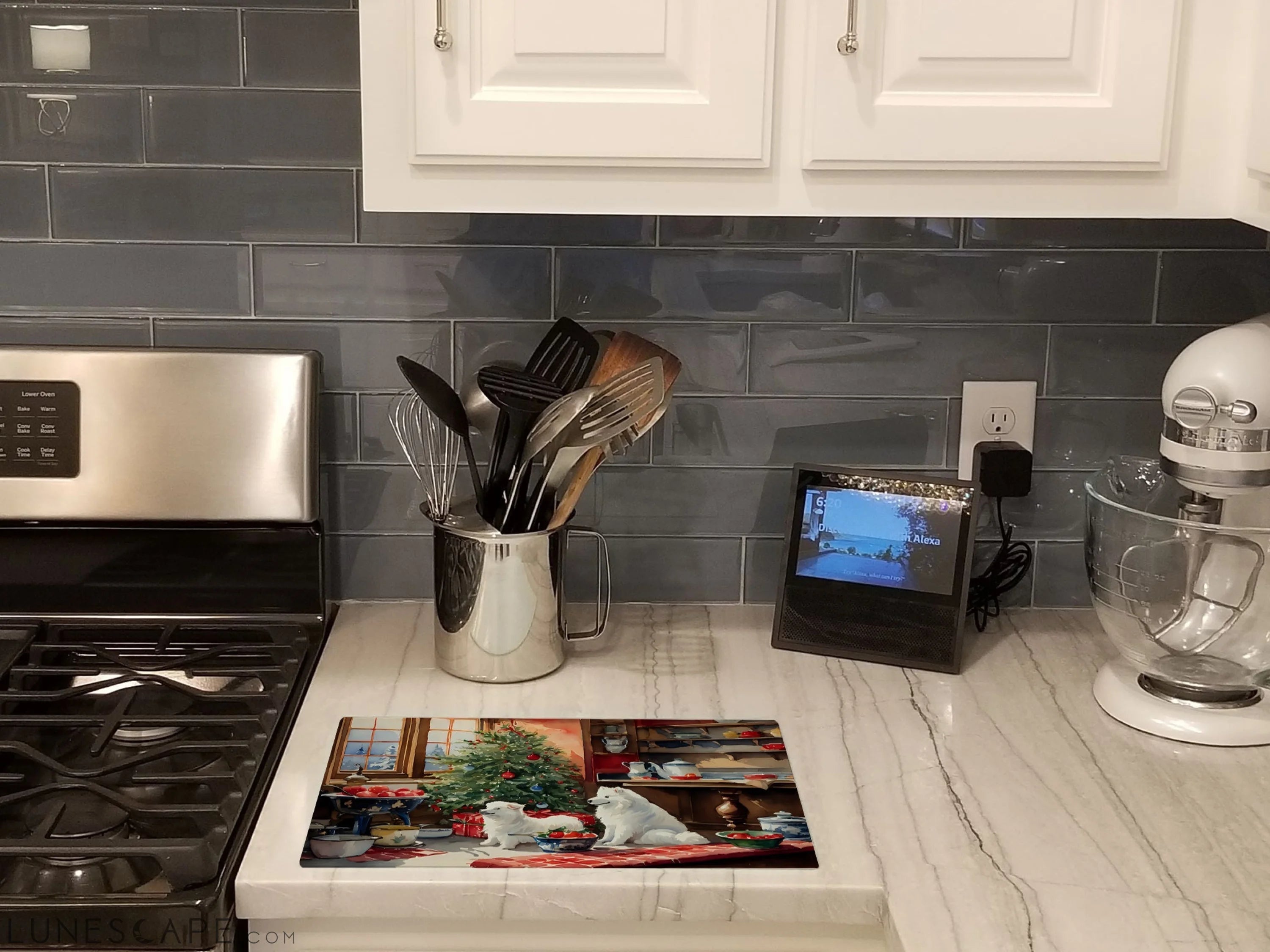 Samoyed Christmas Cookies Glass Cutting Board LUNESCAPE