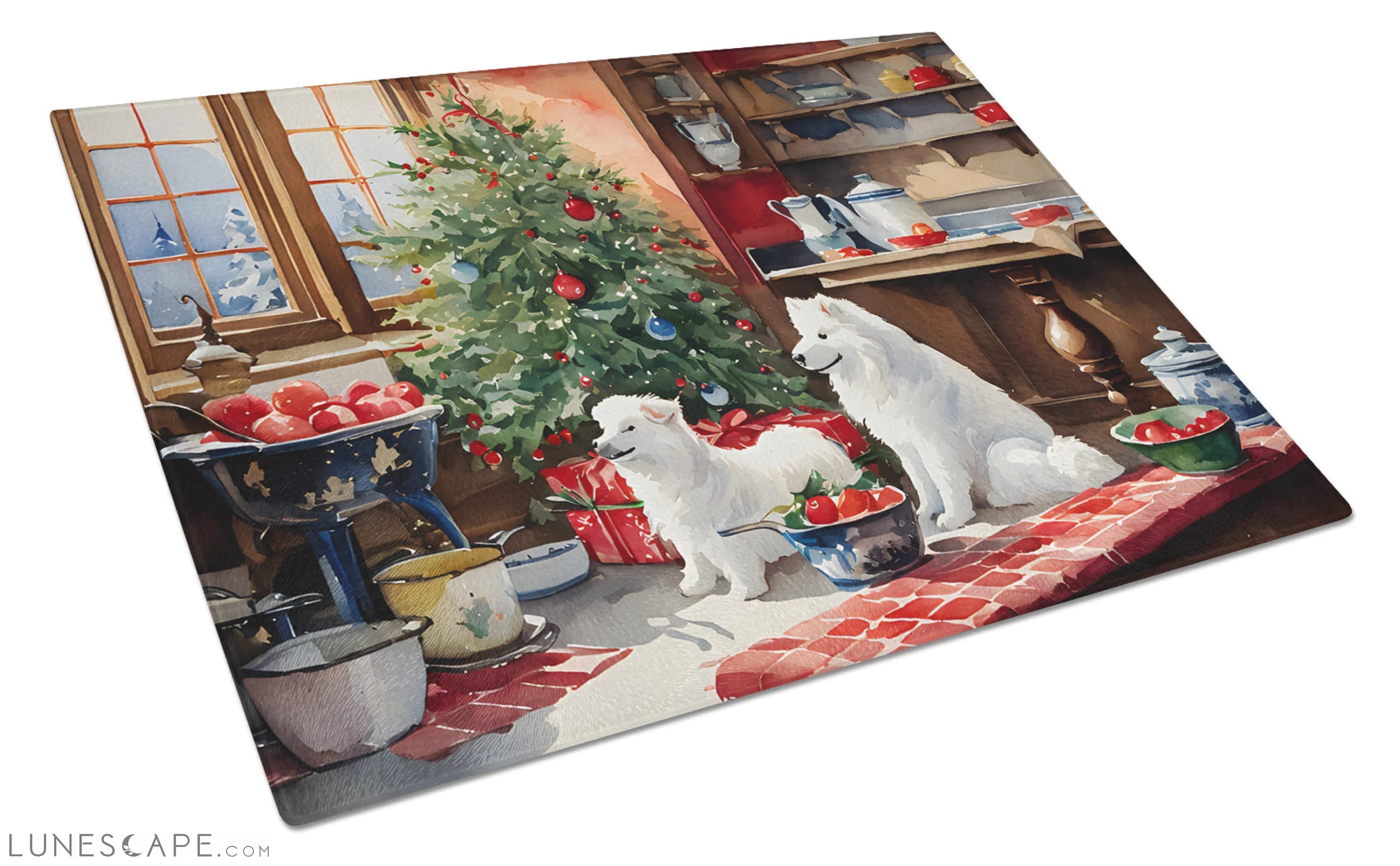 Samoyed Christmas Cookies Glass Cutting Board LUNESCAPE