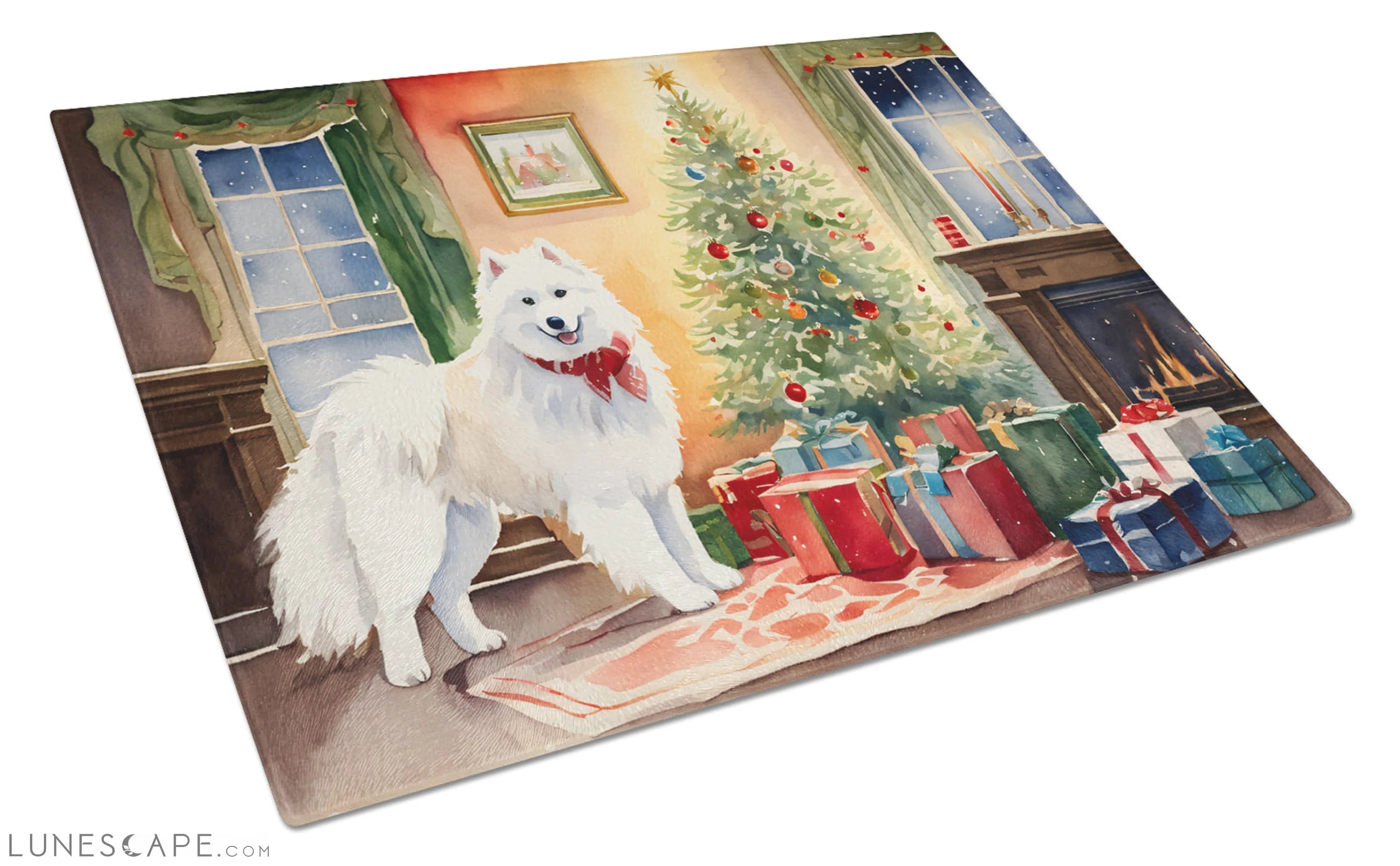 Samoyed Cozy Christmas Glass Cutting Board LUNESCAPE