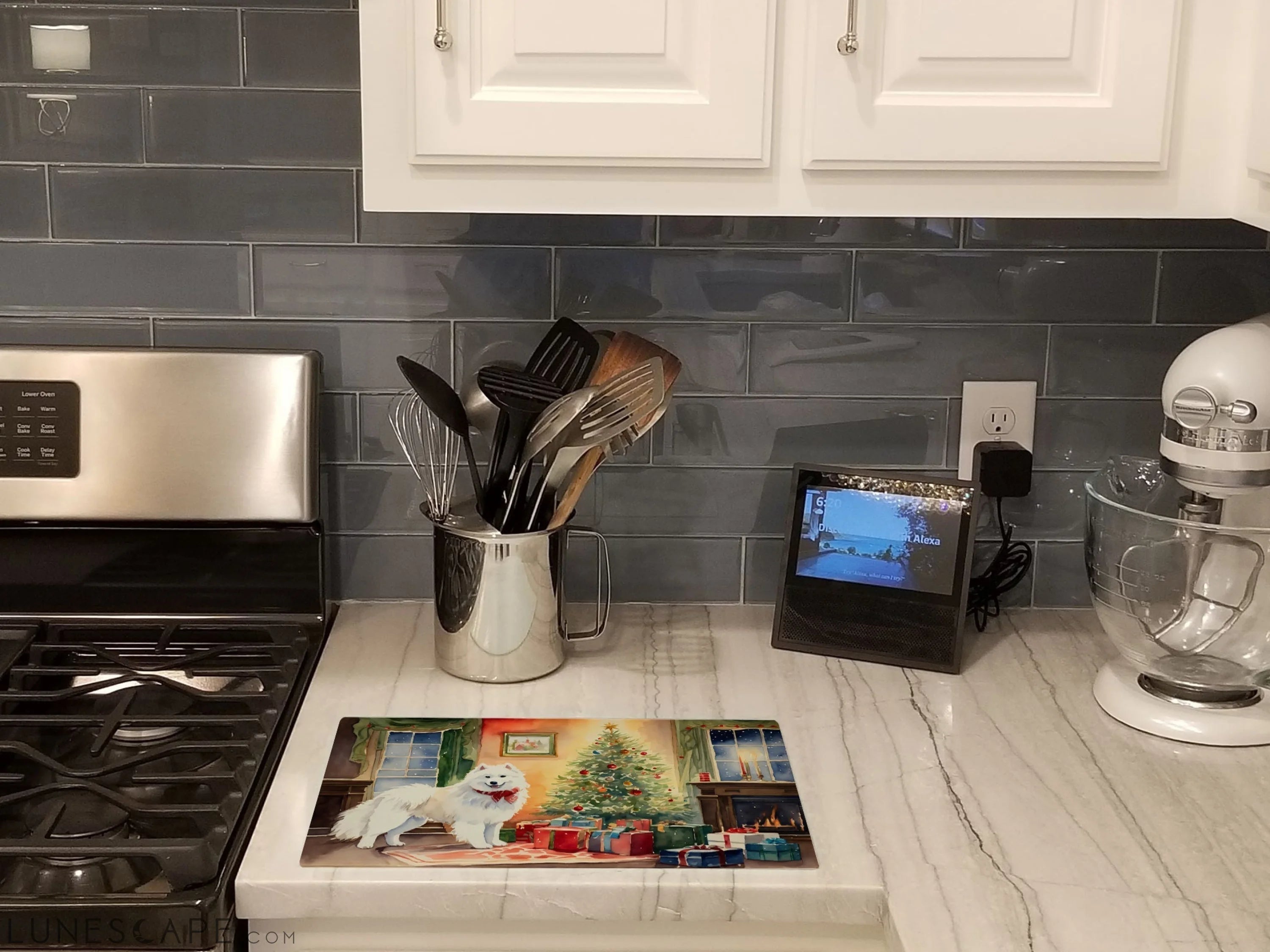 Samoyed Cozy Christmas Glass Cutting Board LUNESCAPE