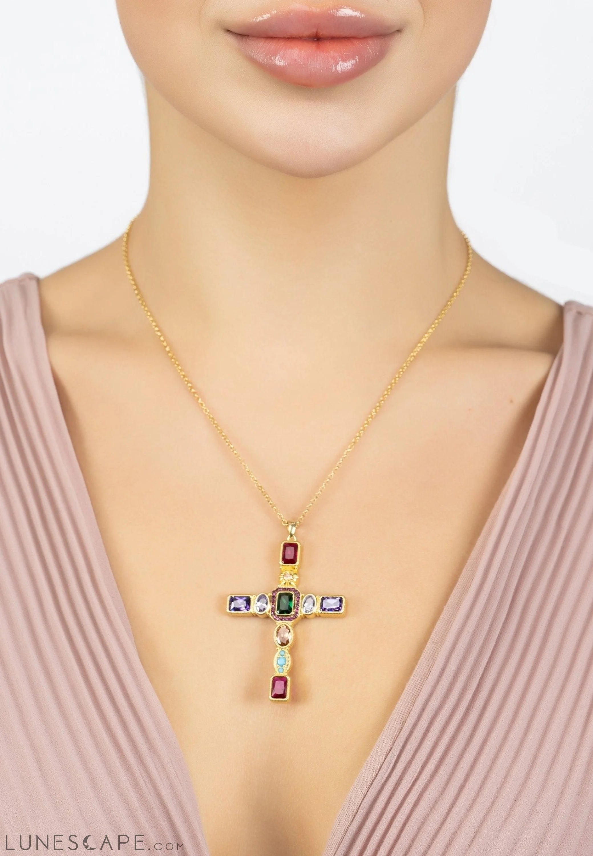 Santa Maria Extra Large Gemstone Cross Pendant Gold LUNESCAPE