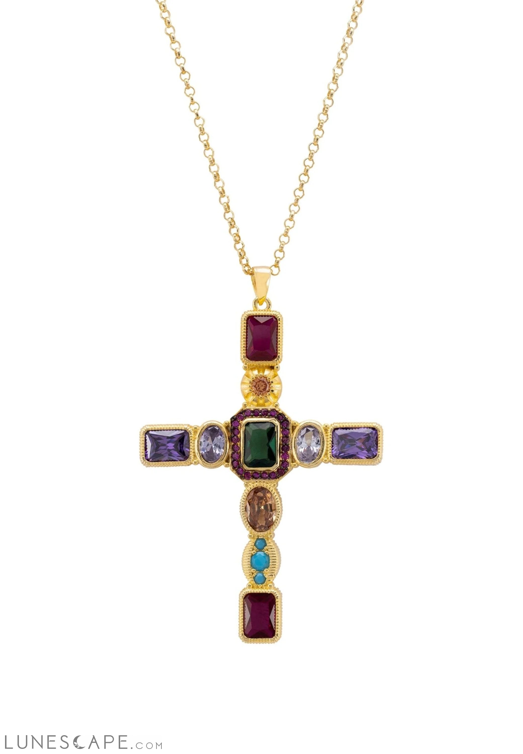 Santa Maria Extra Large Gemstone Cross Pendant Gold LUNESCAPE