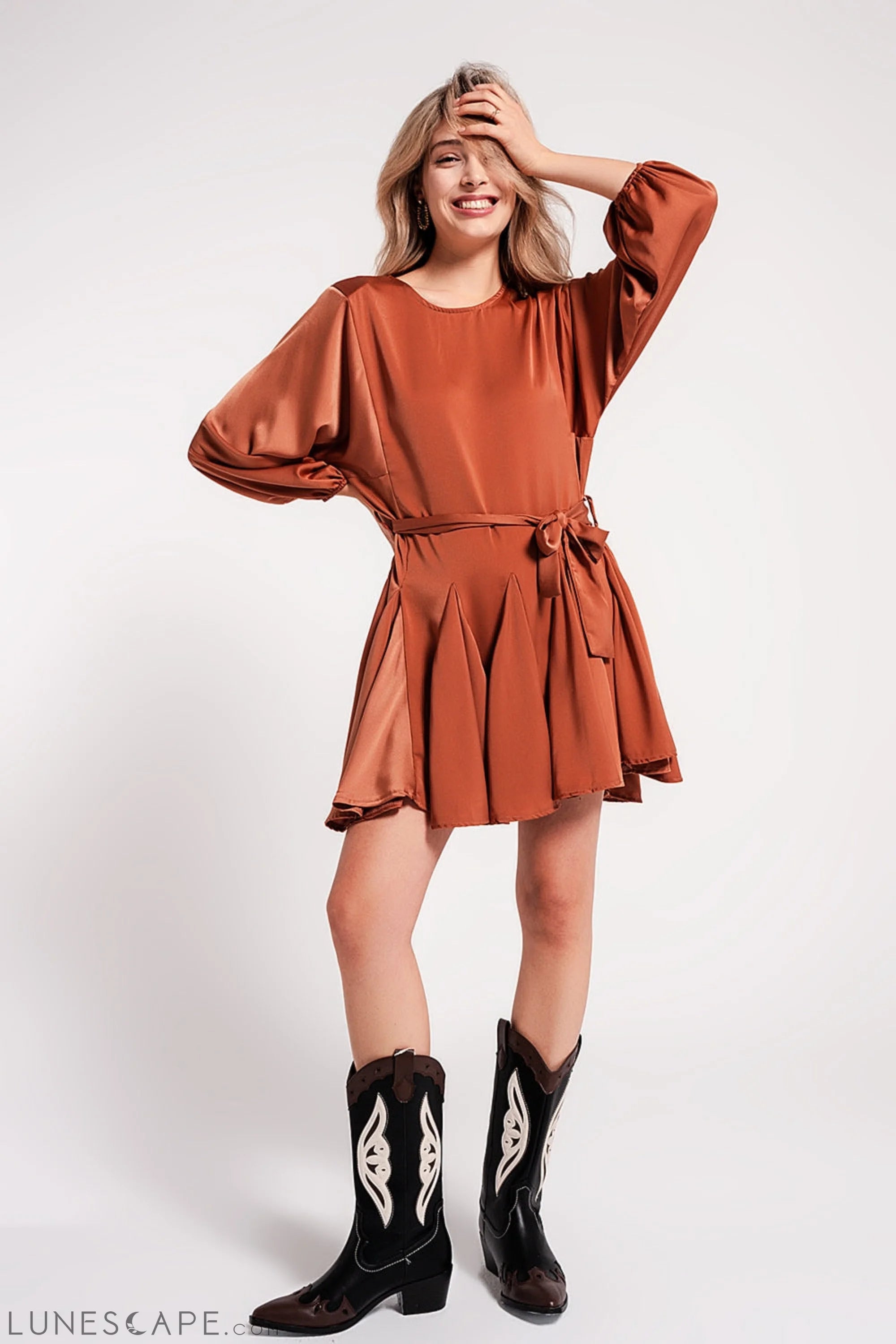 Satin Mini Dress With Belt in Orange LUNESCAPE