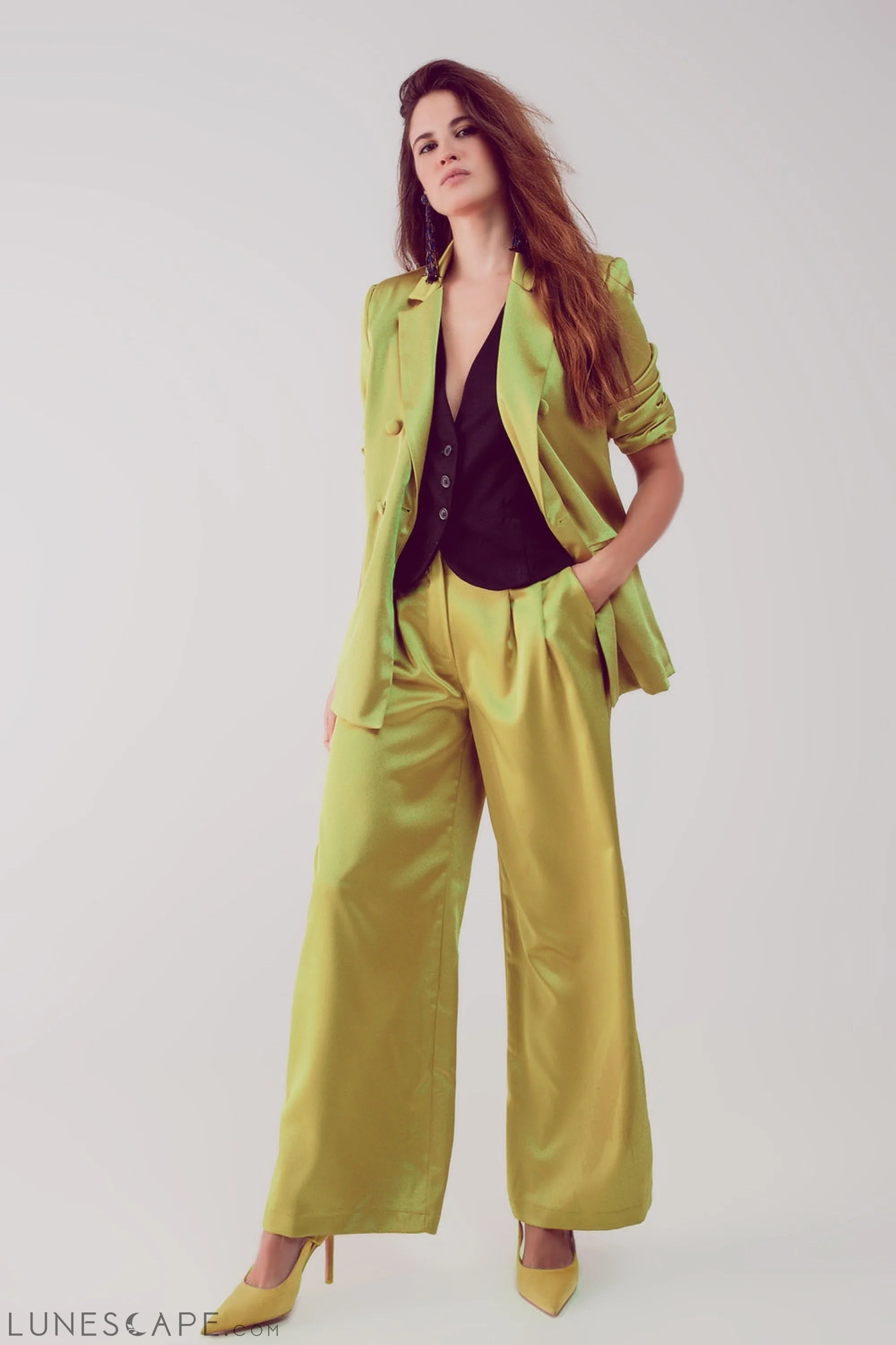 Satin Tailored Double Breast Blazer in Lime LUNESCAPE
