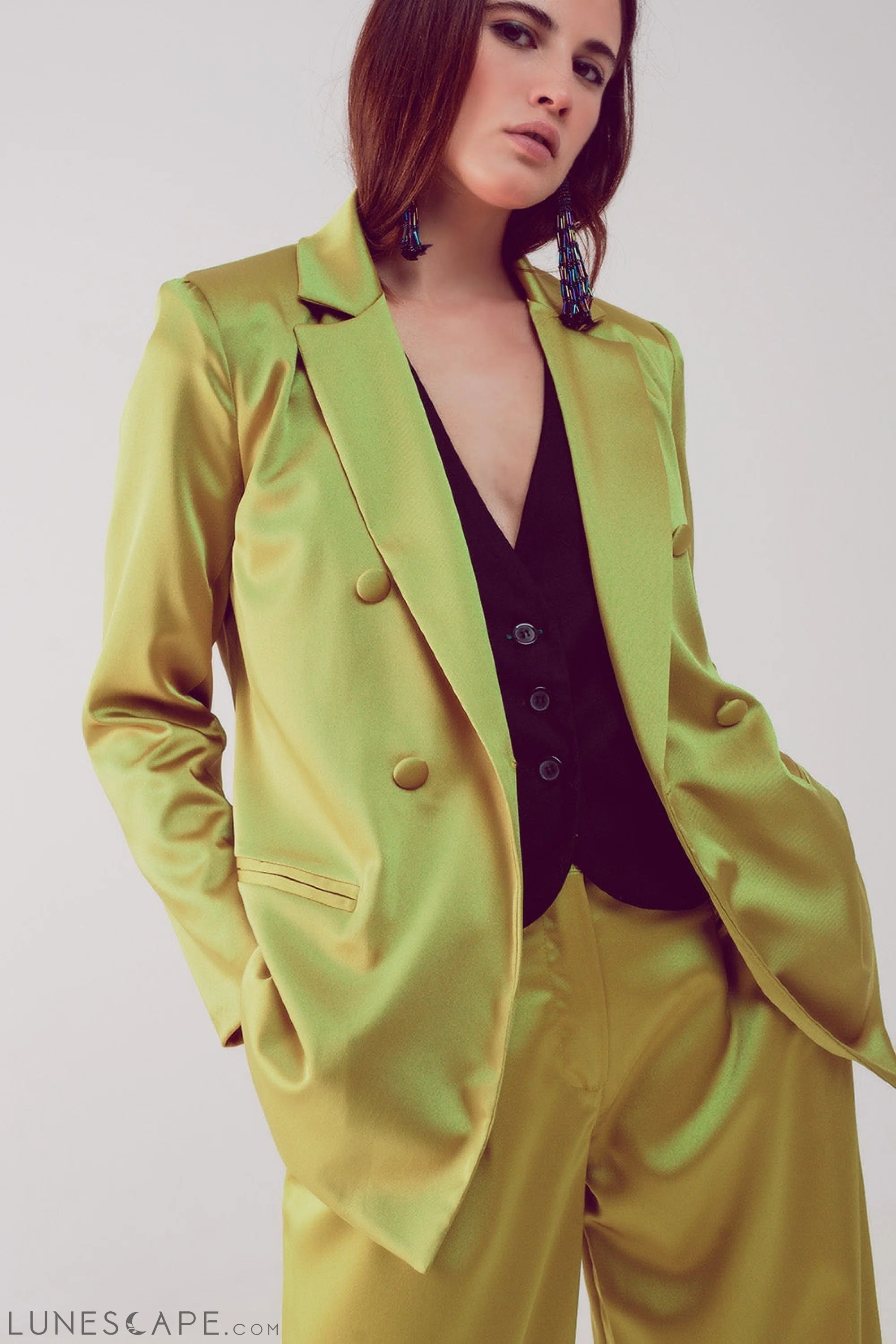 Satin Tailored Double Breast Blazer in Lime LUNESCAPE