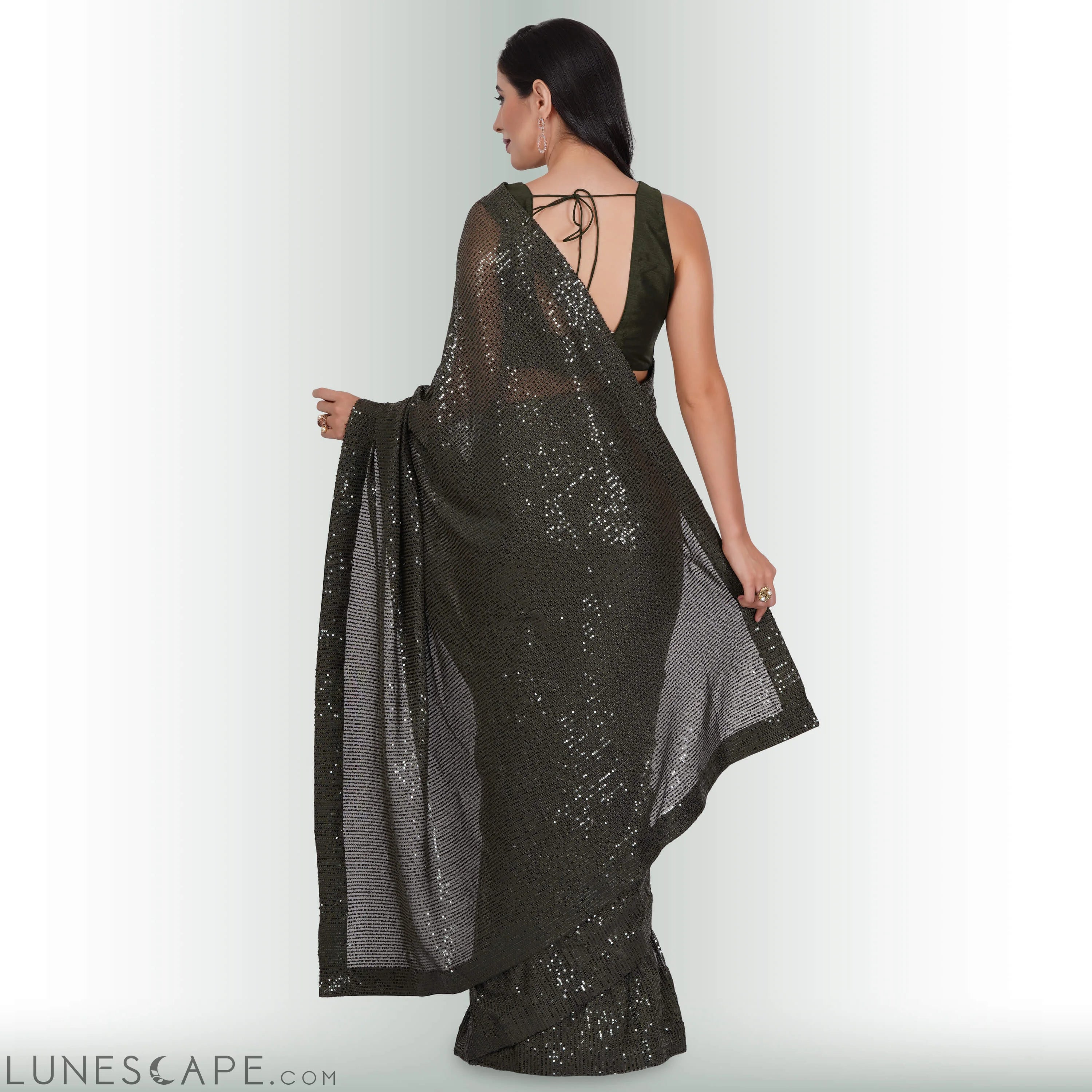Sequin ReadyMade Saree - Moss LUNESCAPE