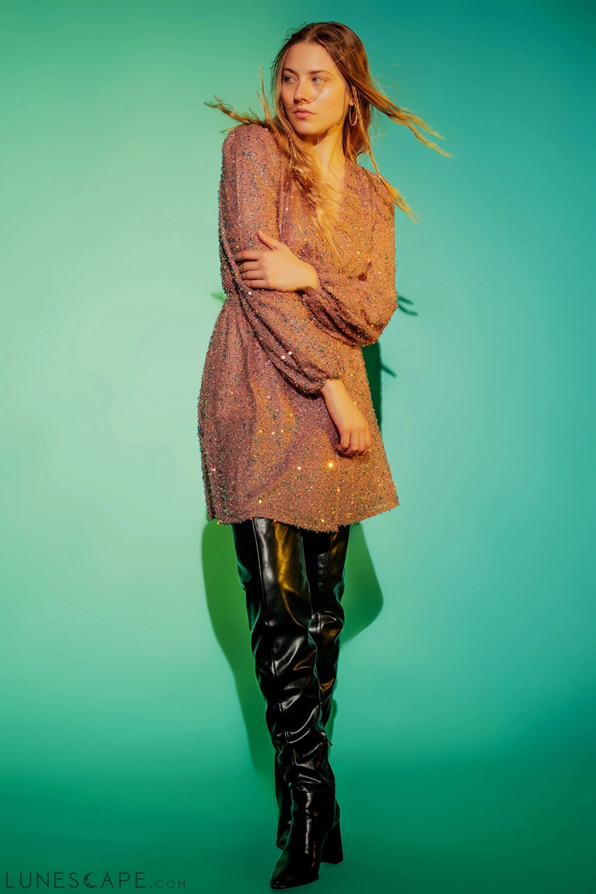 Sequin Wrap Mini Dress in Powder Pink LUNESCAPE