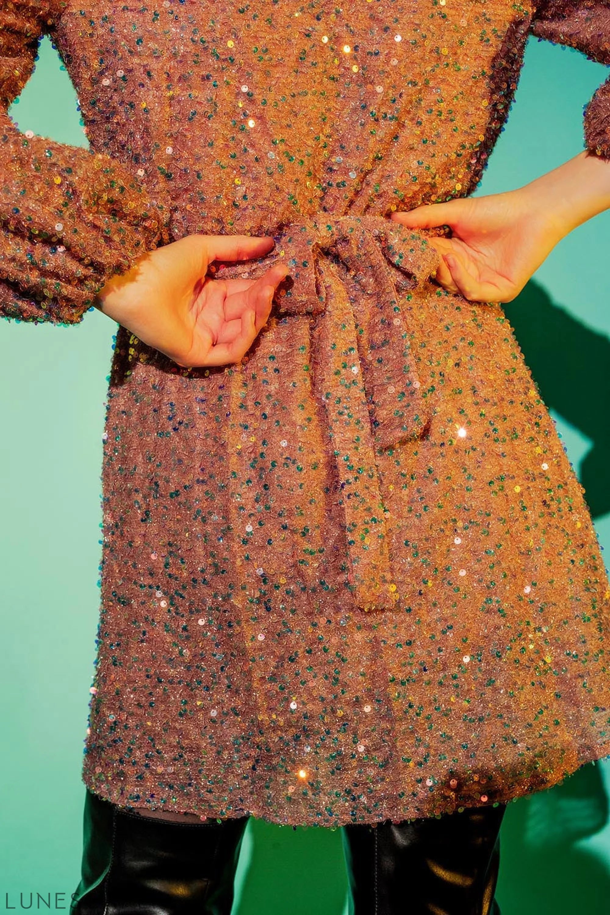 Sequin Wrap Mini Dress in Powder Pink LUNESCAPE