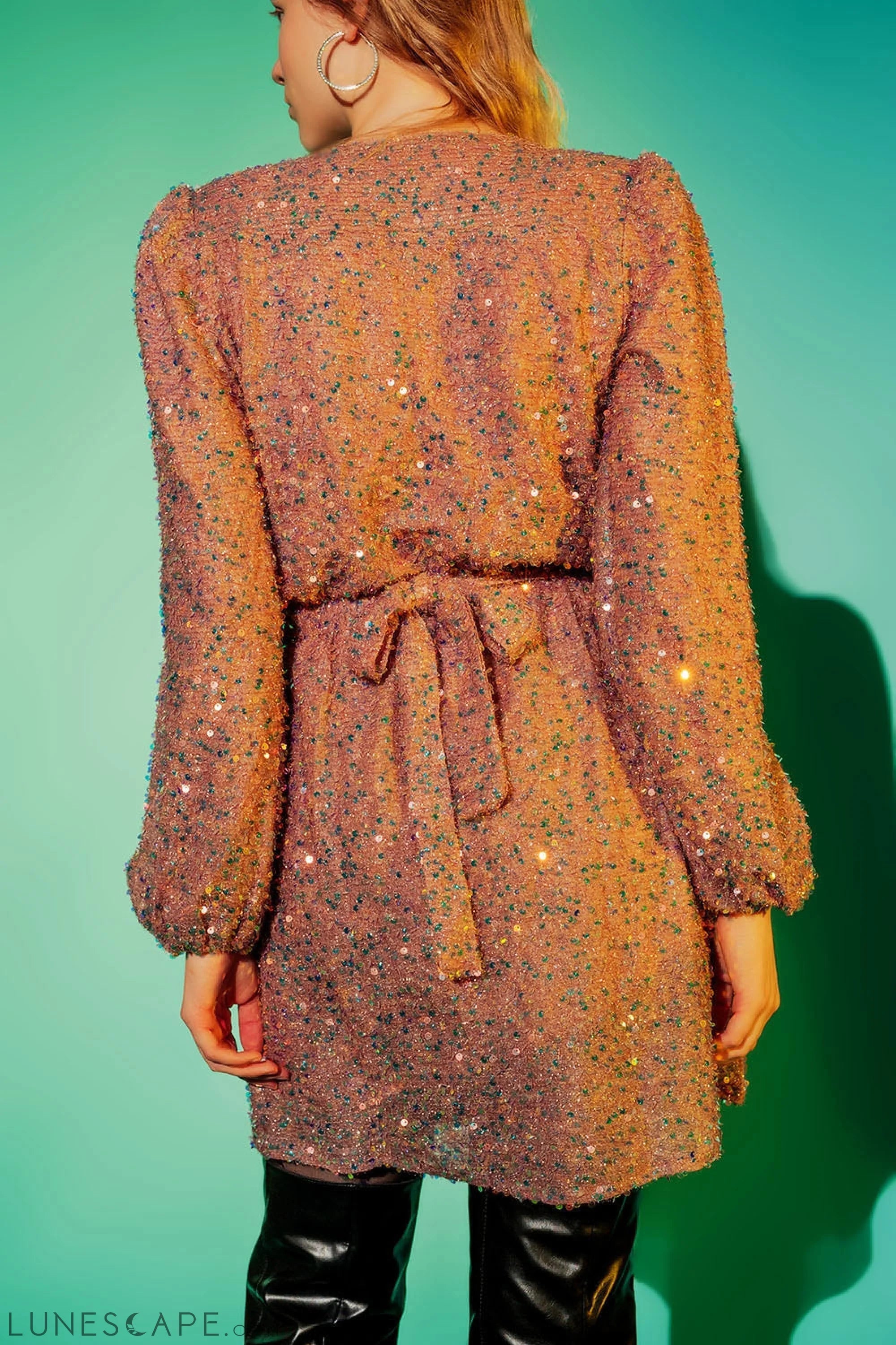 Sequin Wrap Mini Dress in Powder Pink LUNESCAPE