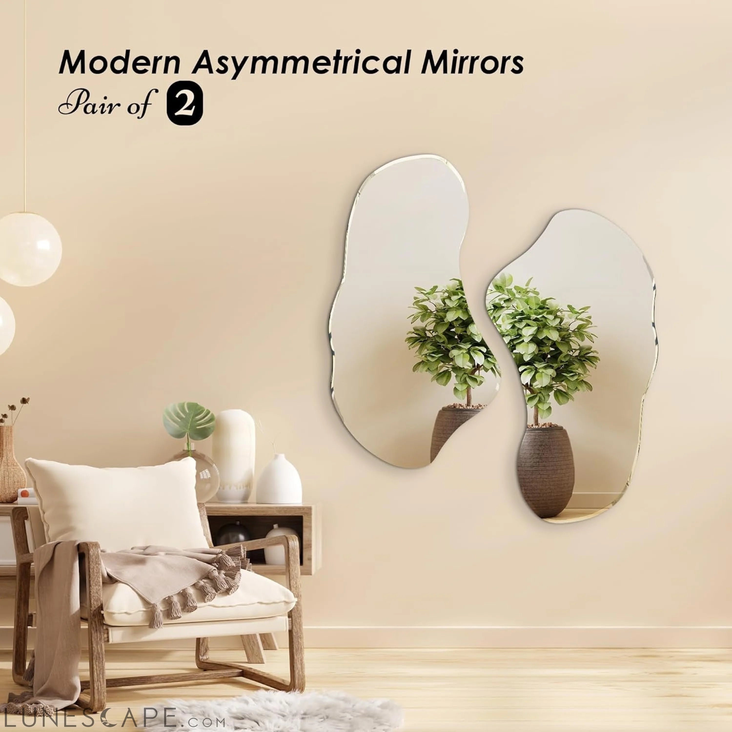 Set of 2 Irregular Wall Mirrors, 31.5 X 17.5, Asymmetrical Curved LUNESCAPE