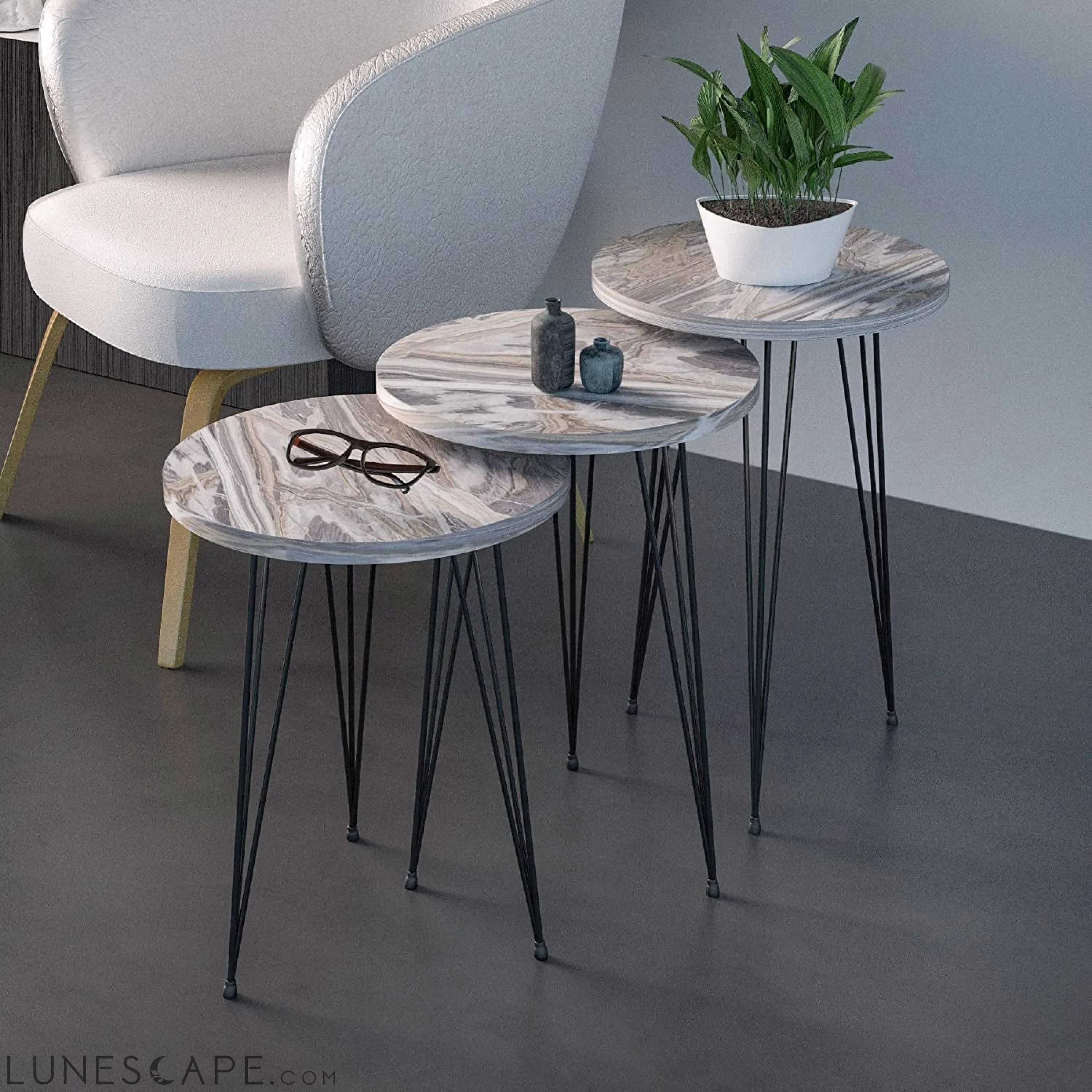 Set of 3 Grey Marble Nesting Tables LUNESCAPE