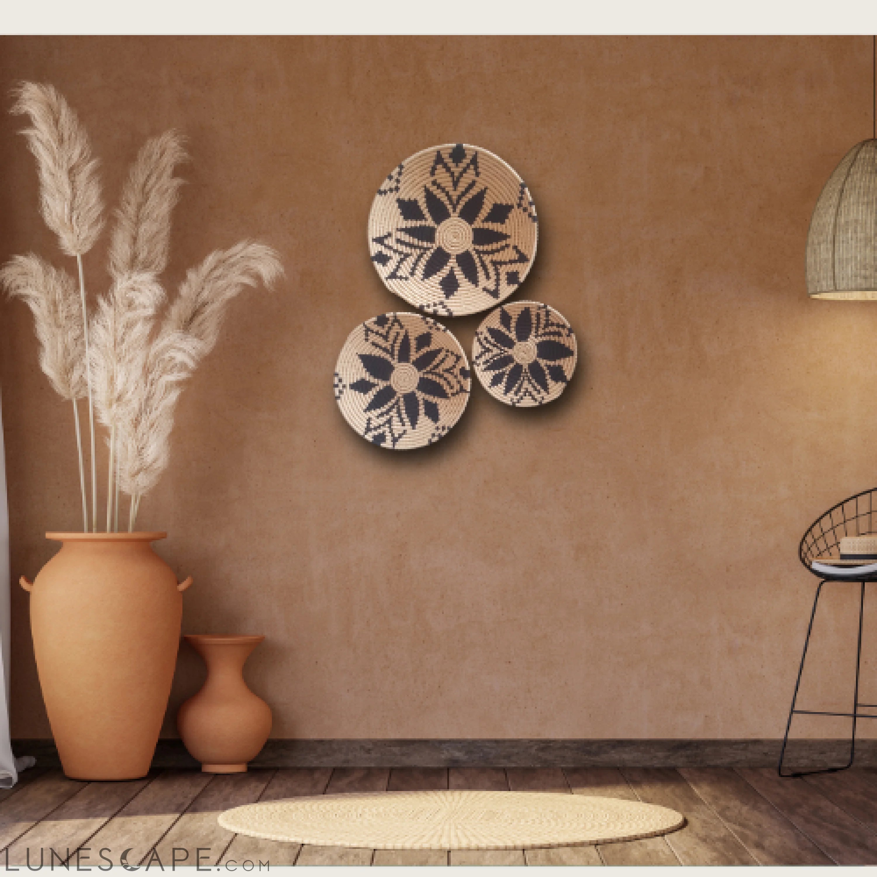 Set of 3 Handwoven Decorative Plates Floral Design LUNESCAPE