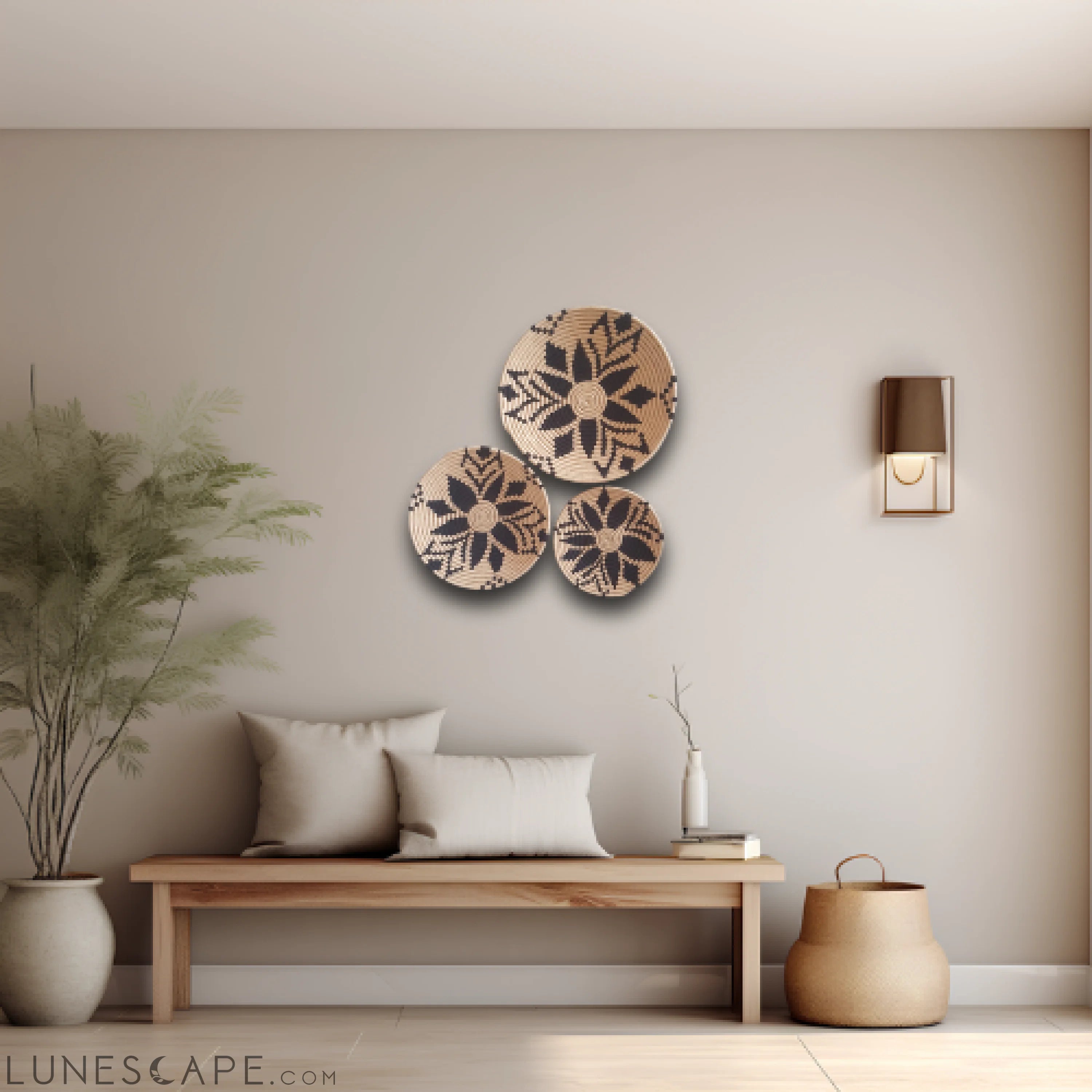 Set of 3 Handwoven Decorative Plates Floral Design LUNESCAPE