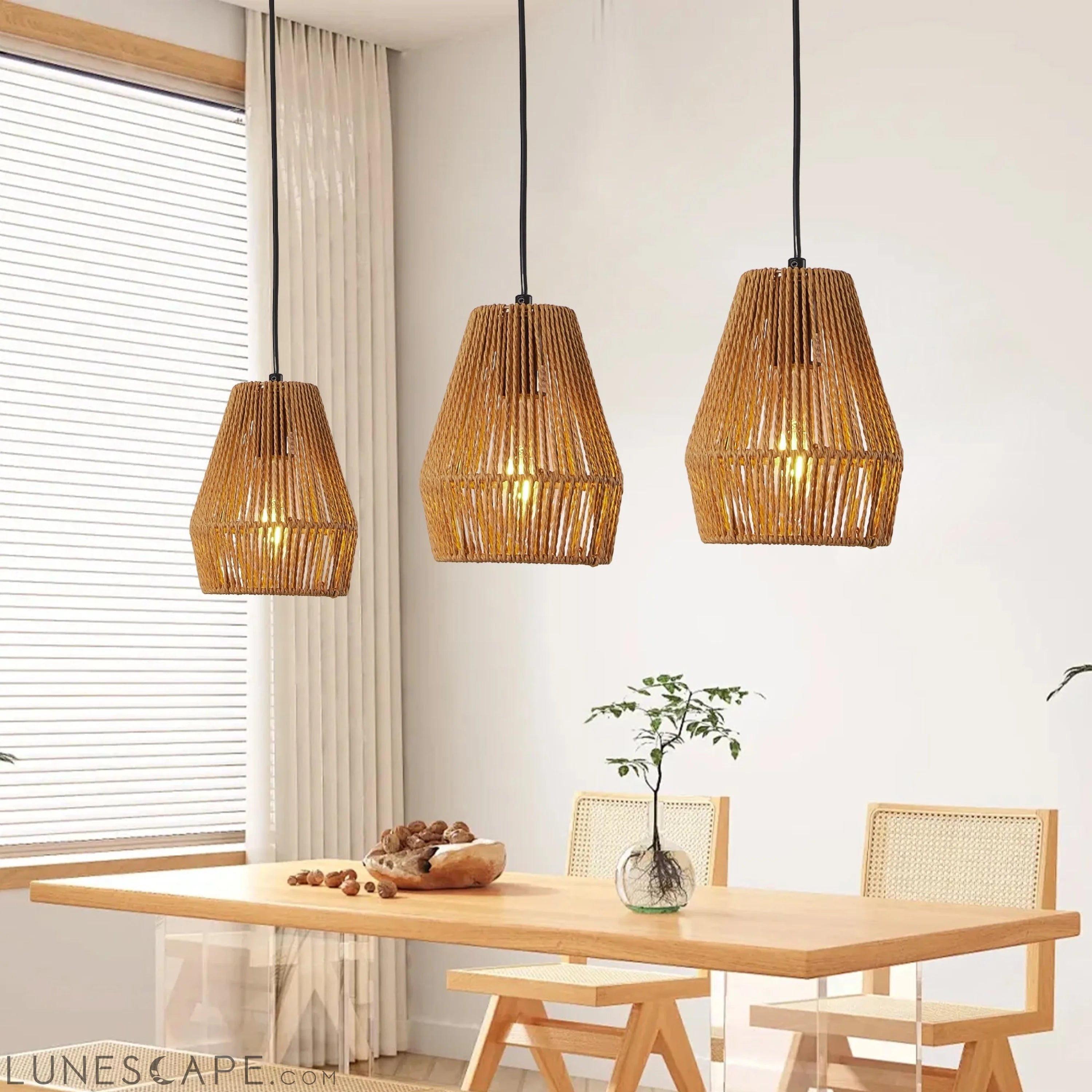 Set of 3 Rustic Hemp Rope Pendant Light, Handcrafted Farmhouse LUNESCAPE