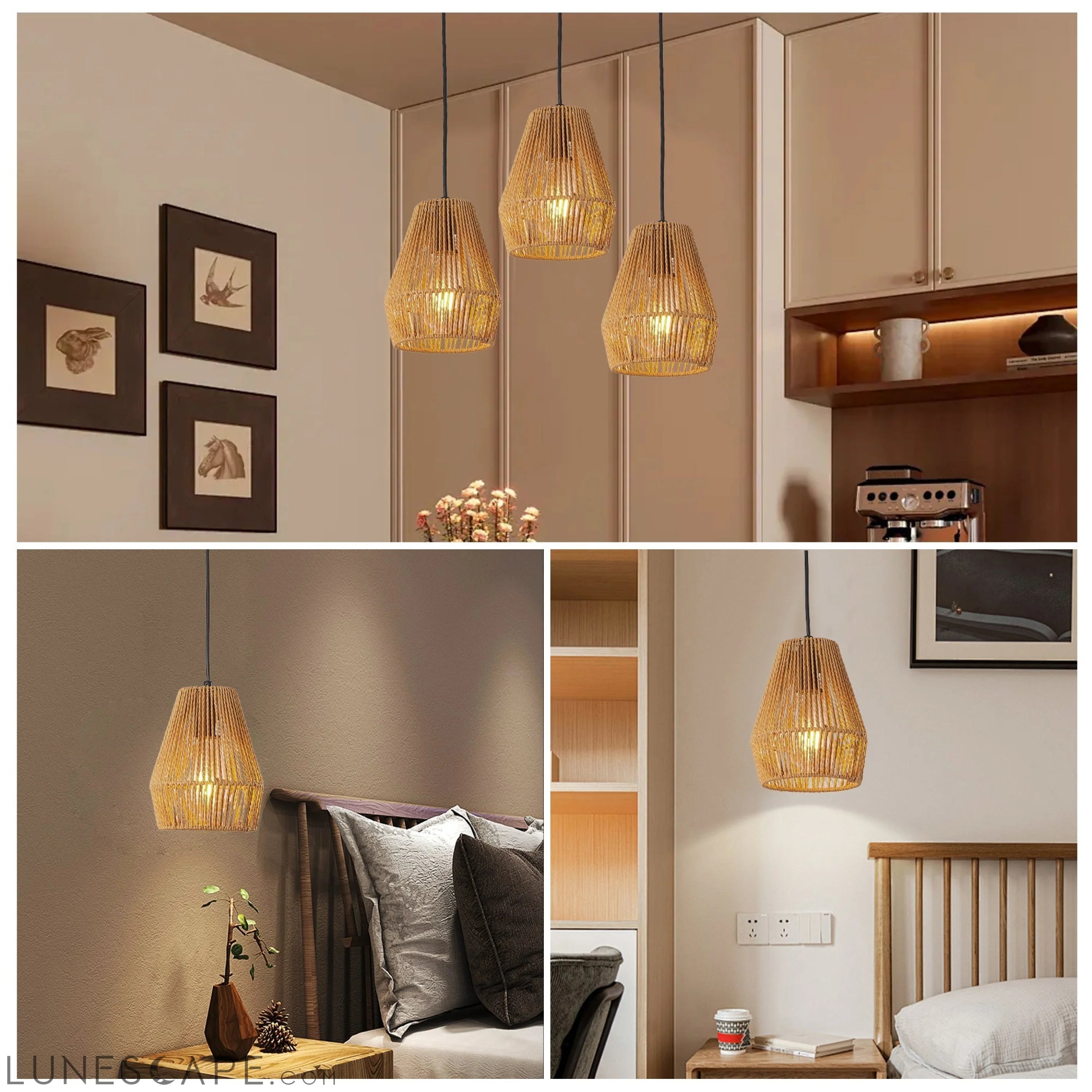 Set of 3 Rustic Hemp Rope Pendant Light, Handcrafted Farmhouse LUNESCAPE