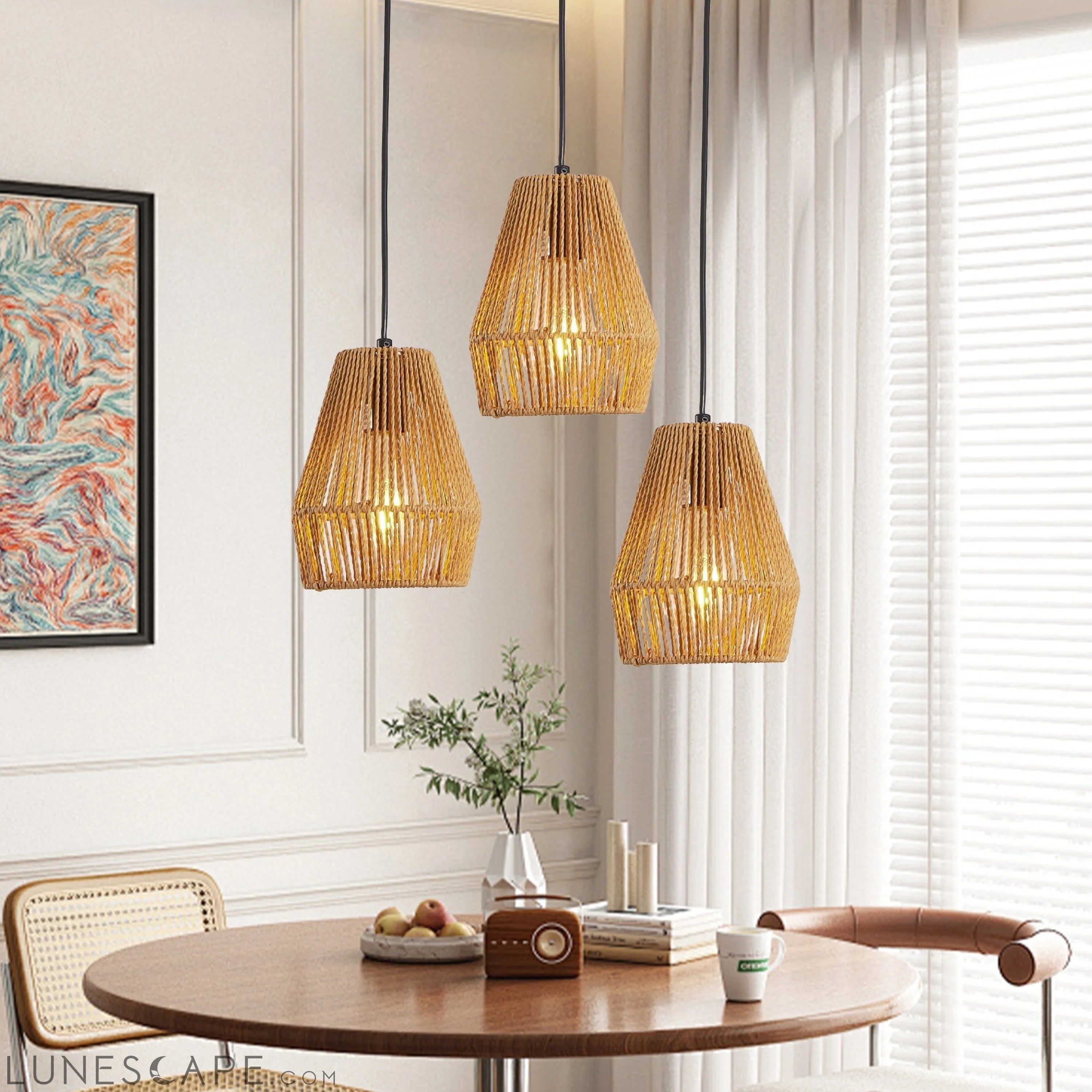 Set of 3 Rustic Hemp Rope Pendant Light, Handcrafted Farmhouse LUNESCAPE
