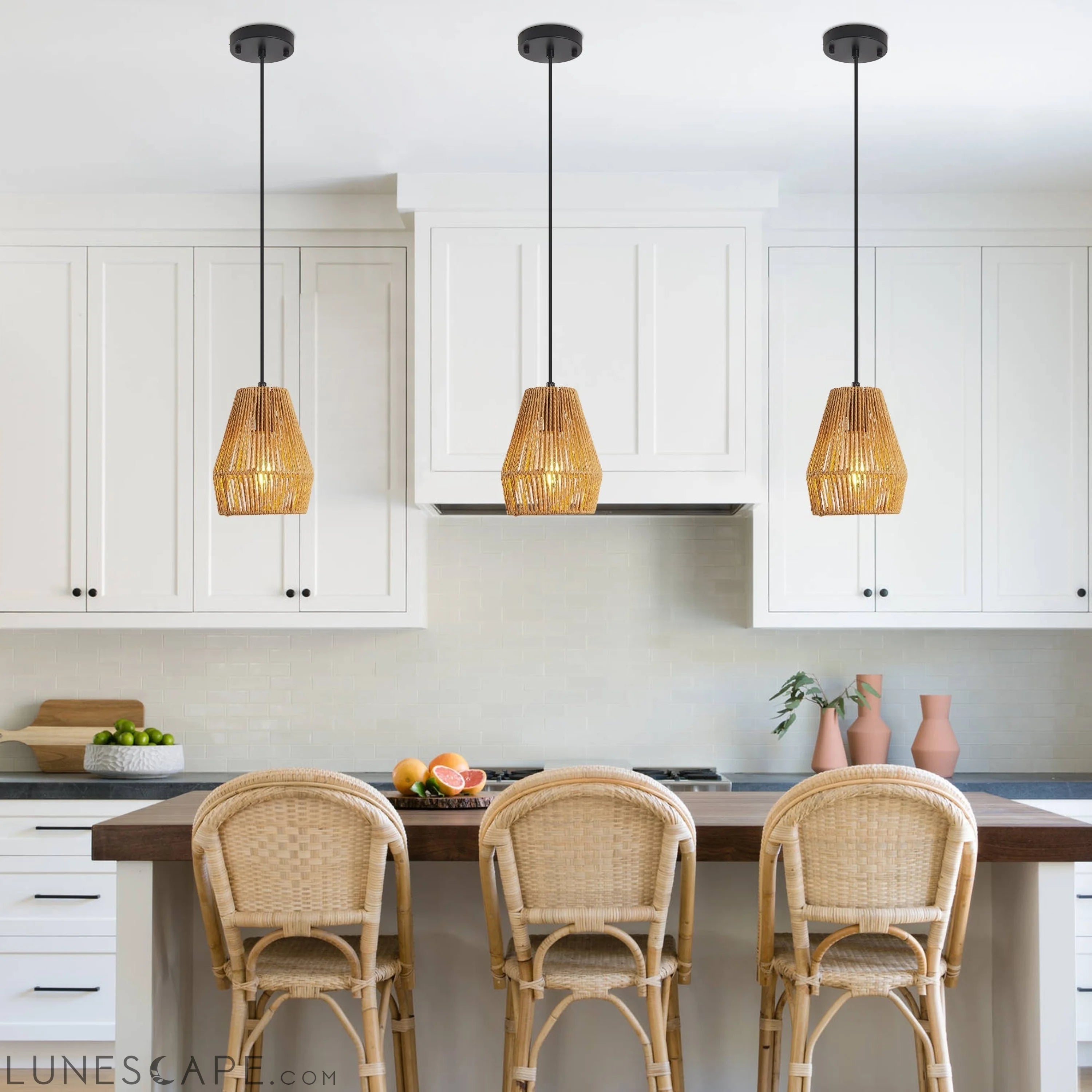 Set of 3 Rustic Hemp Rope Pendant Light, Handcrafted Farmhouse LUNESCAPE