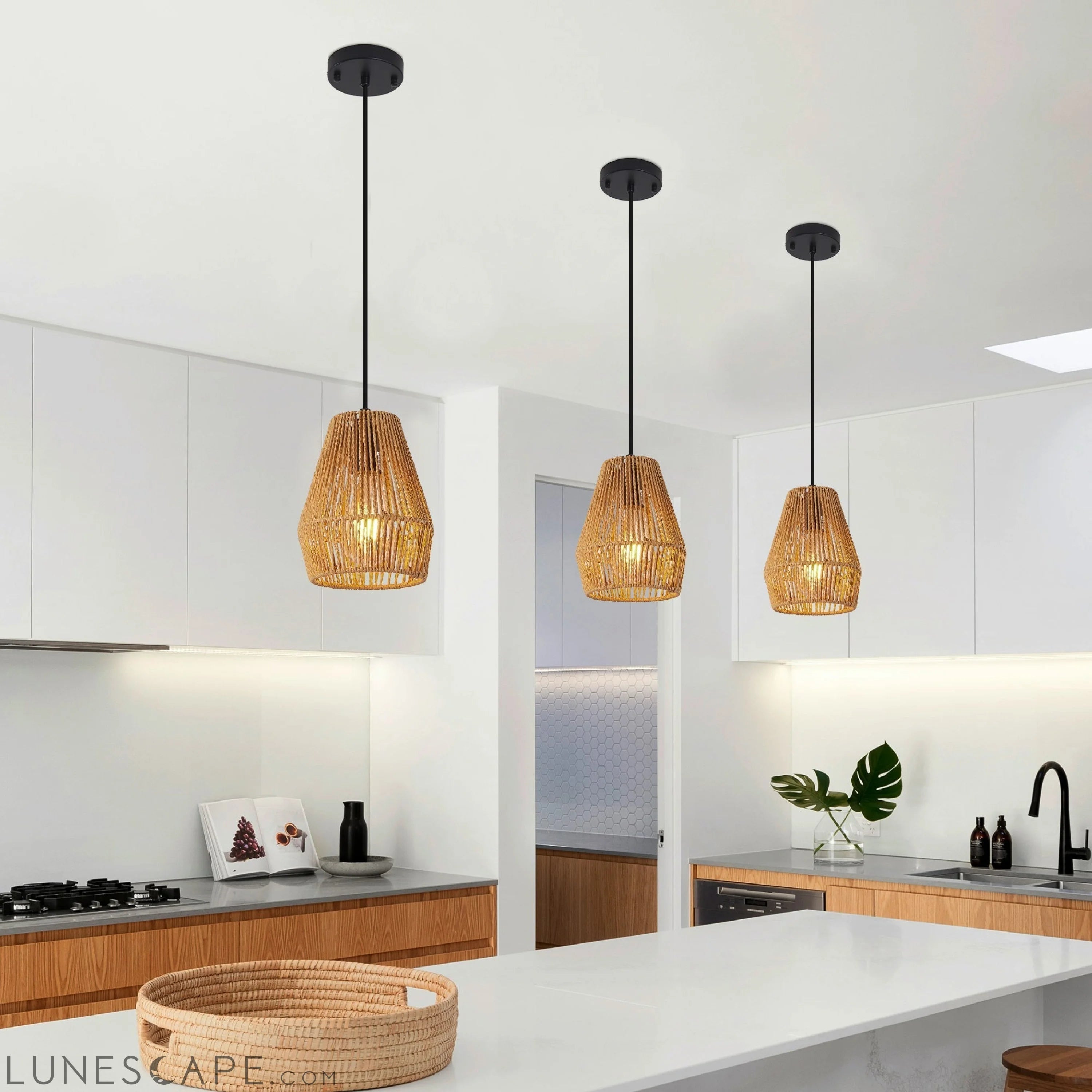 Set of 3 Rustic Hemp Rope Pendant Light, Handcrafted Farmhouse LUNESCAPE