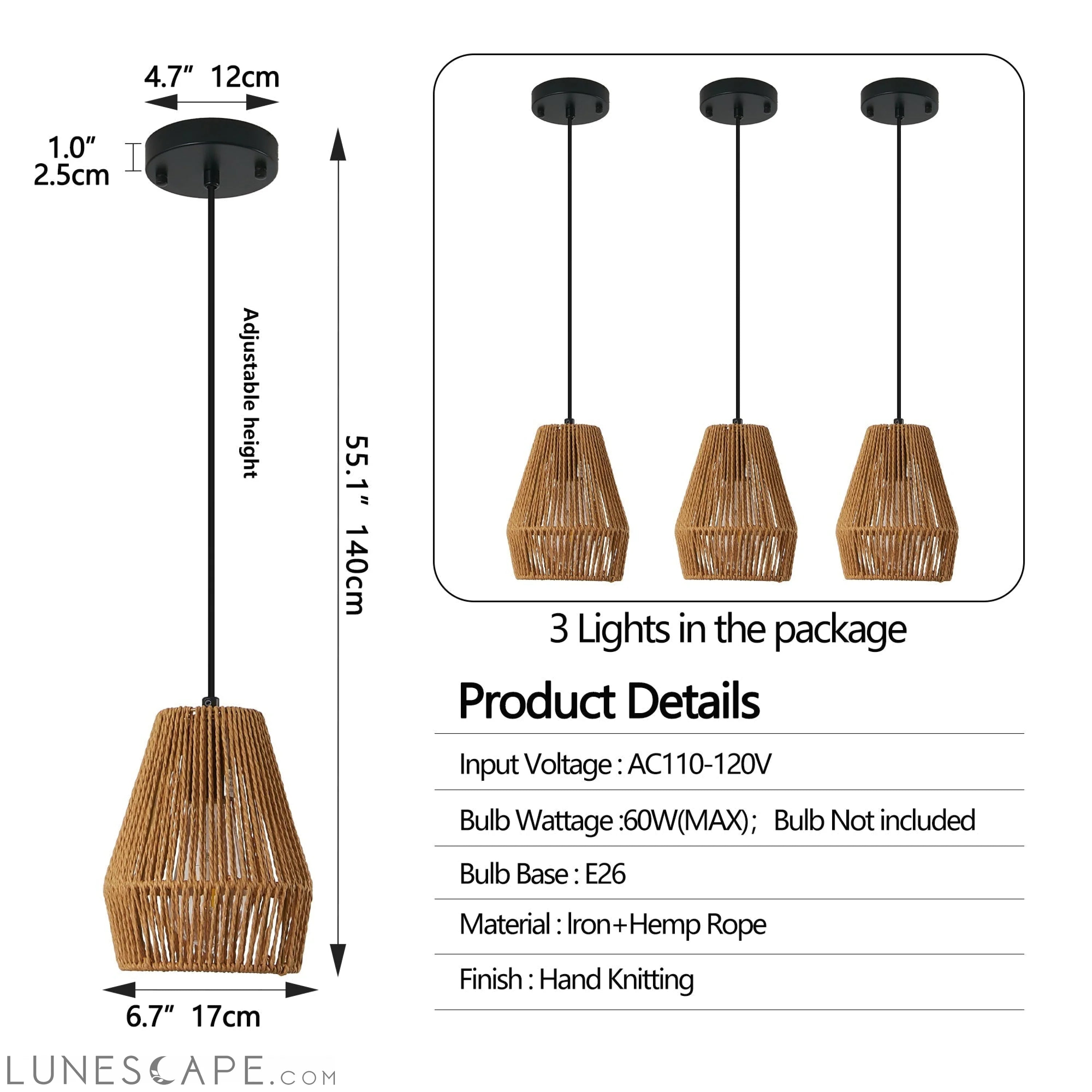 Set of 3 Rustic Hemp Rope Pendant Light, Handcrafted Farmhouse LUNESCAPE
