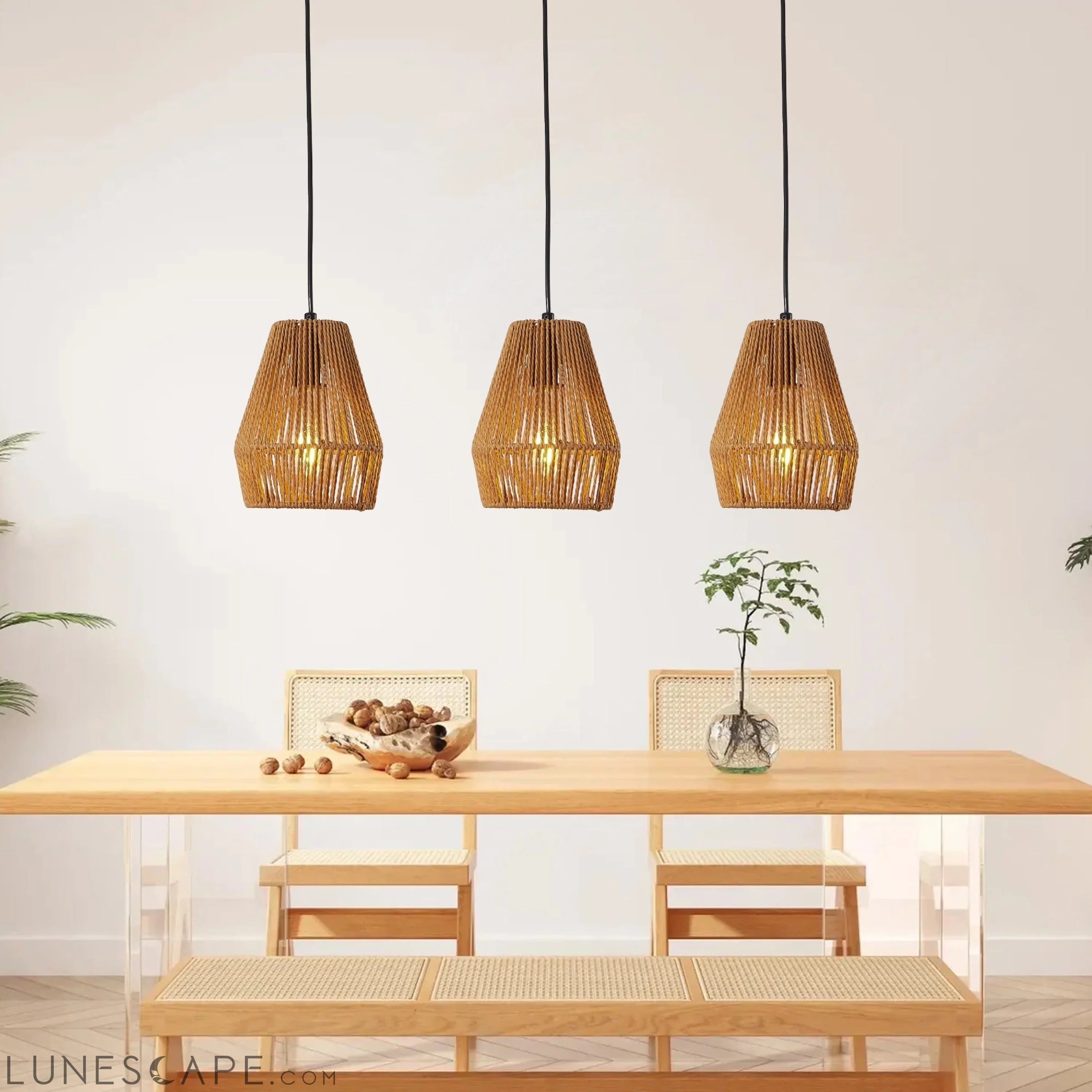 Set of 3 Rustic Hemp Rope Pendant Light, Handcrafted Farmhouse LUNESCAPE