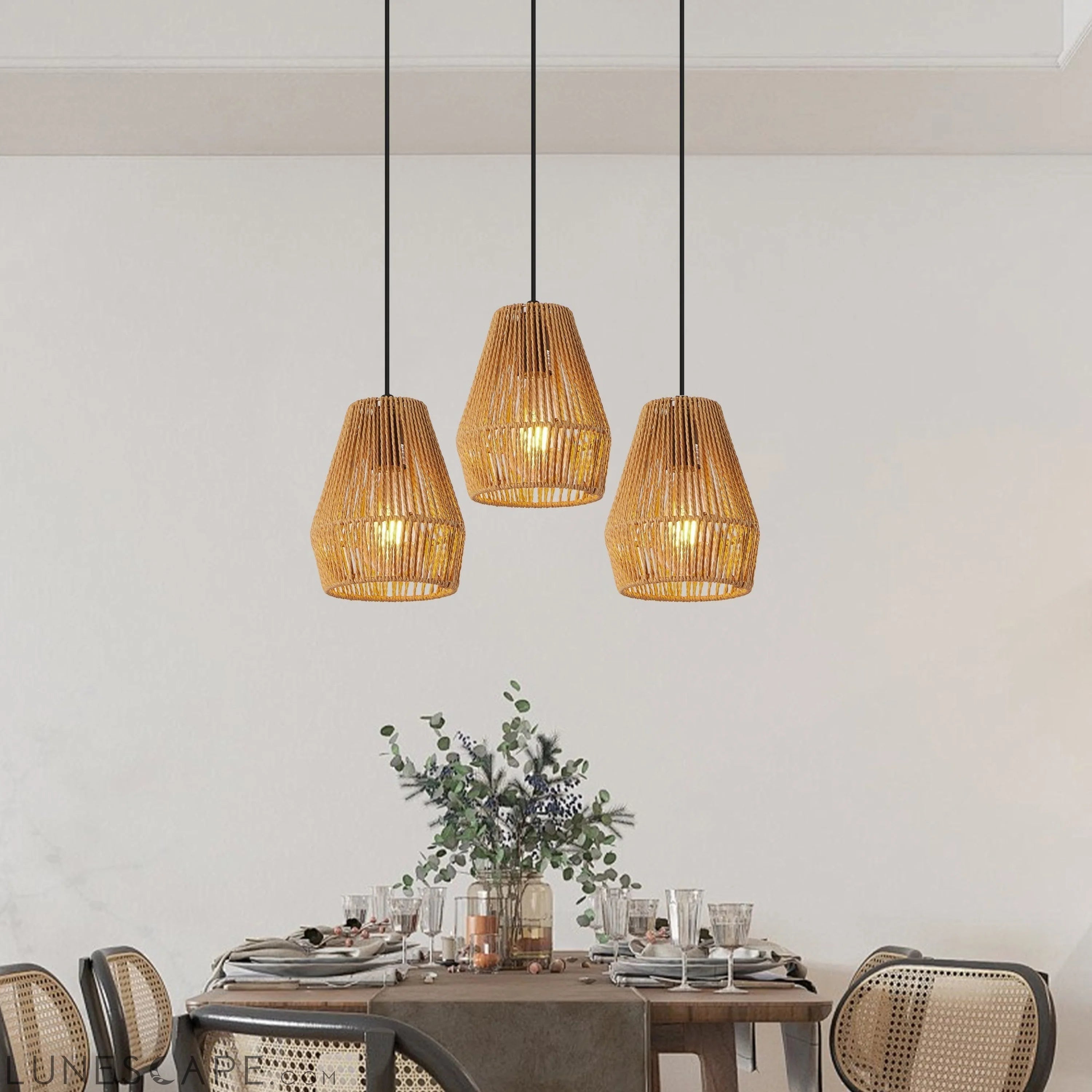 Set of 3 Rustic Hemp Rope Pendant Light, Handcrafted Farmhouse LUNESCAPE