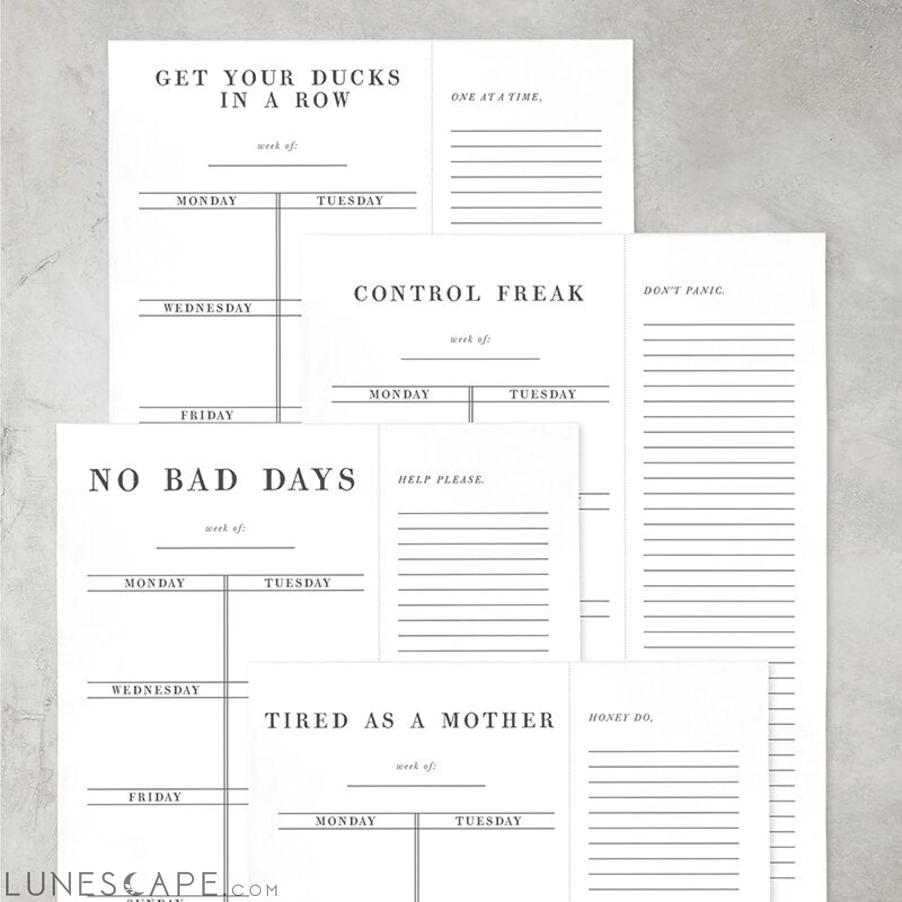 Set of 4 Copy of Control Freak Weekly List Notepad | 8.5" x 11" Desk LUNESCAPE