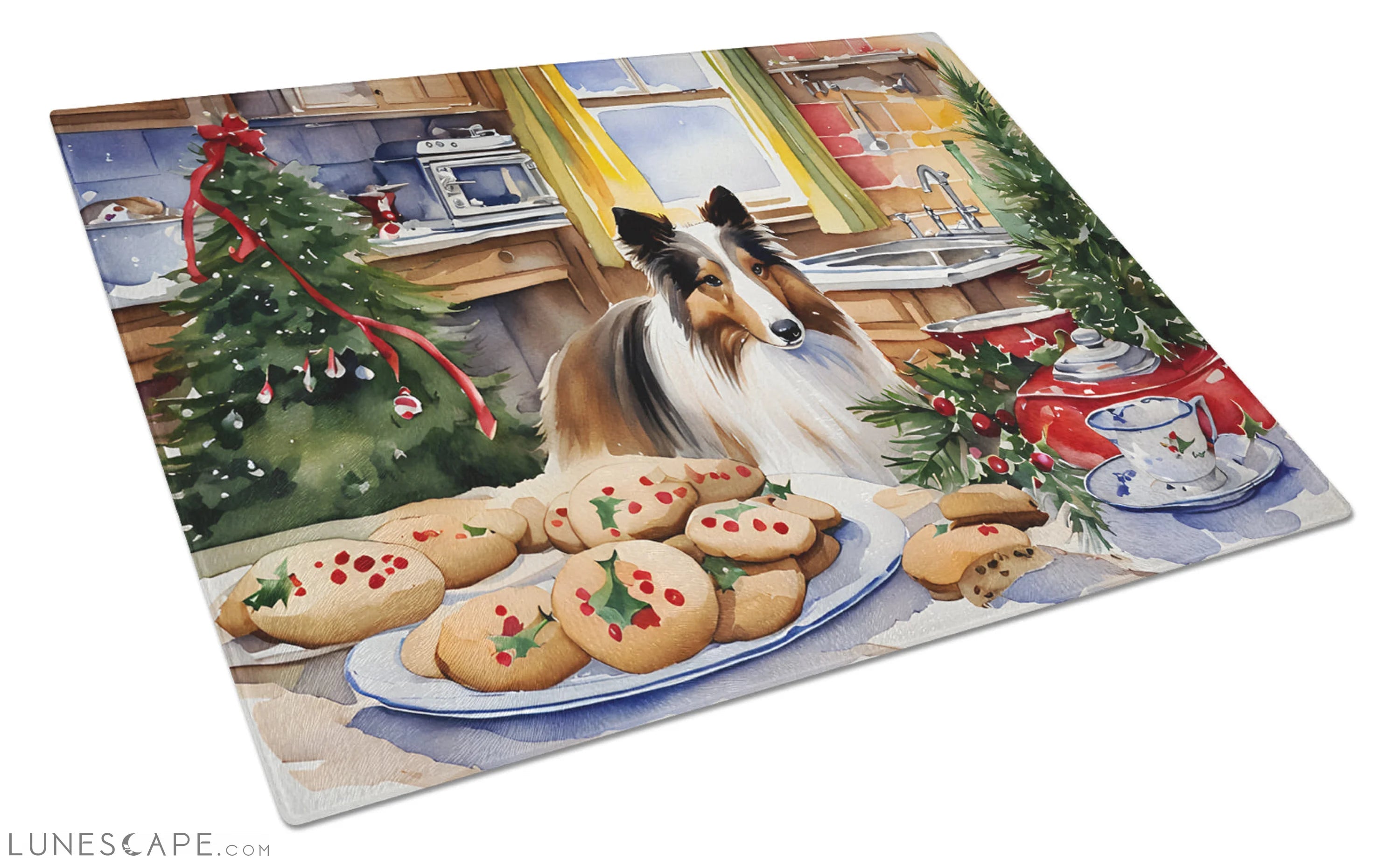 Sheltie Christmas Cookies Glass Cutting Board LUNESCAPE