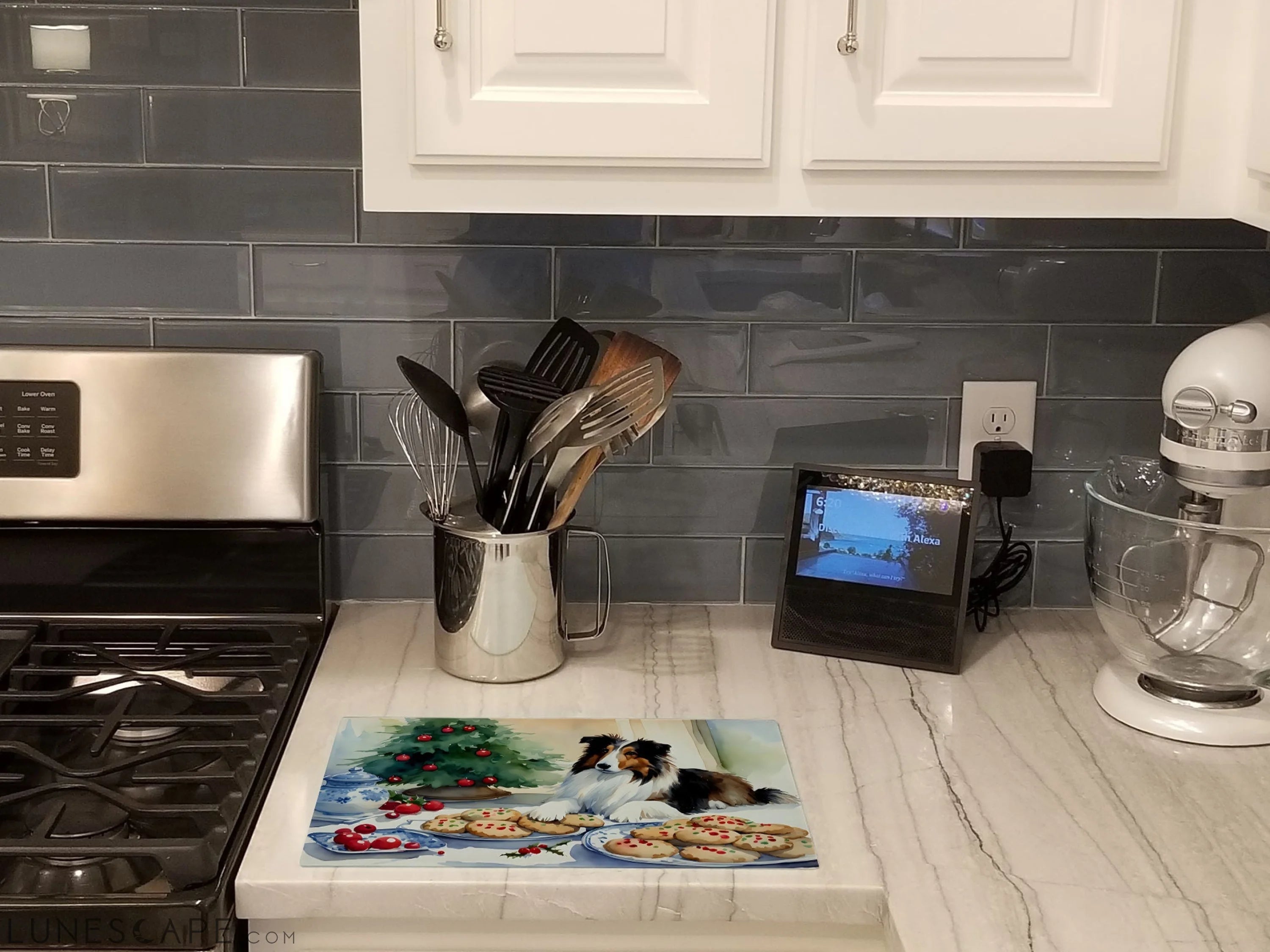 Sheltie Christmas Cookies Glass Cutting Board LUNESCAPE