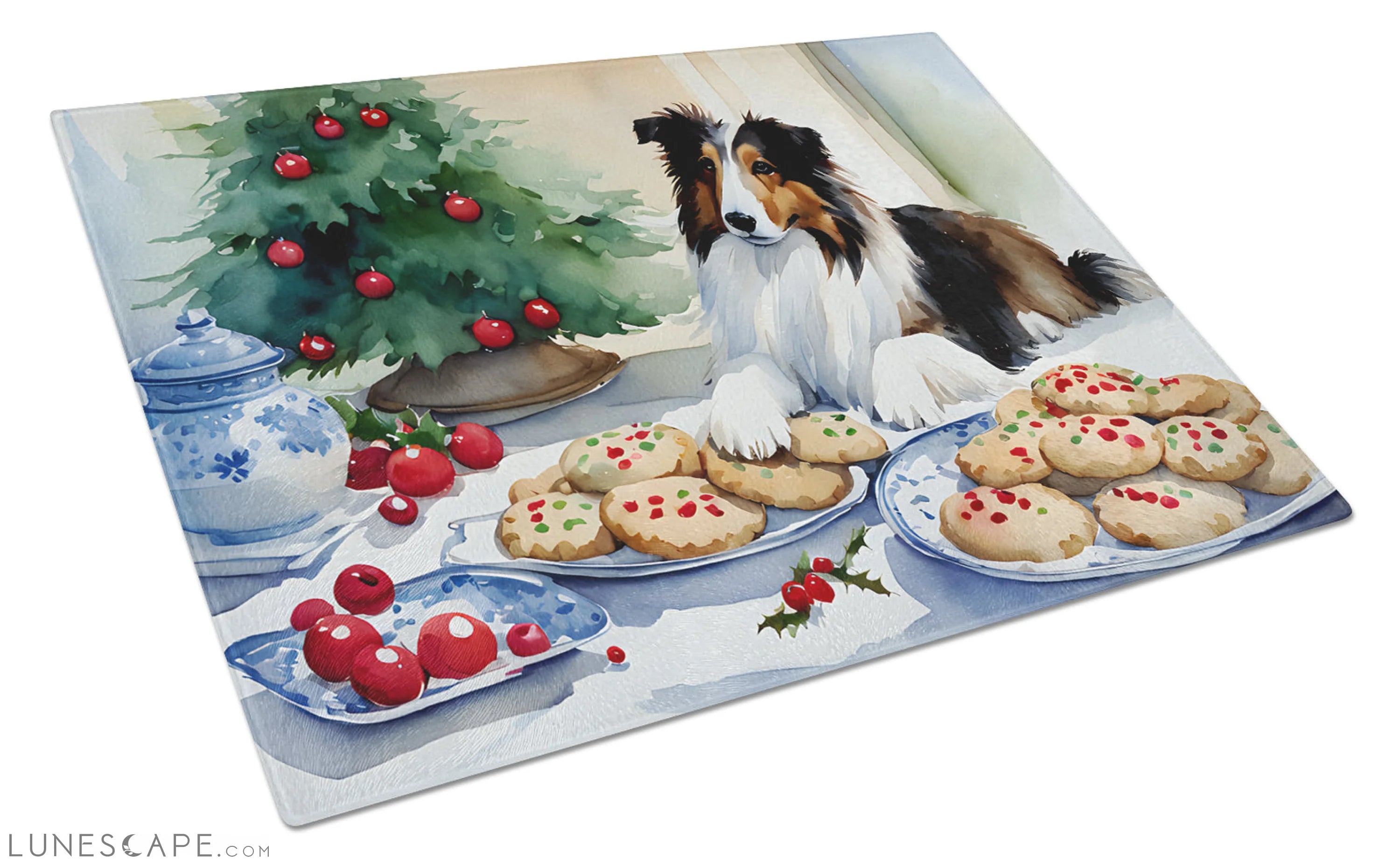 Sheltie Christmas Cookies Glass Cutting Board LUNESCAPE