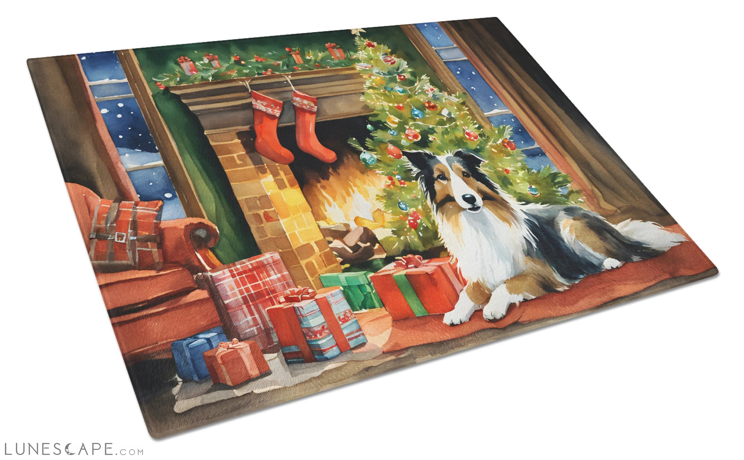Sheltie Cozy Christmas Glass Cutting Board LUNESCAPE