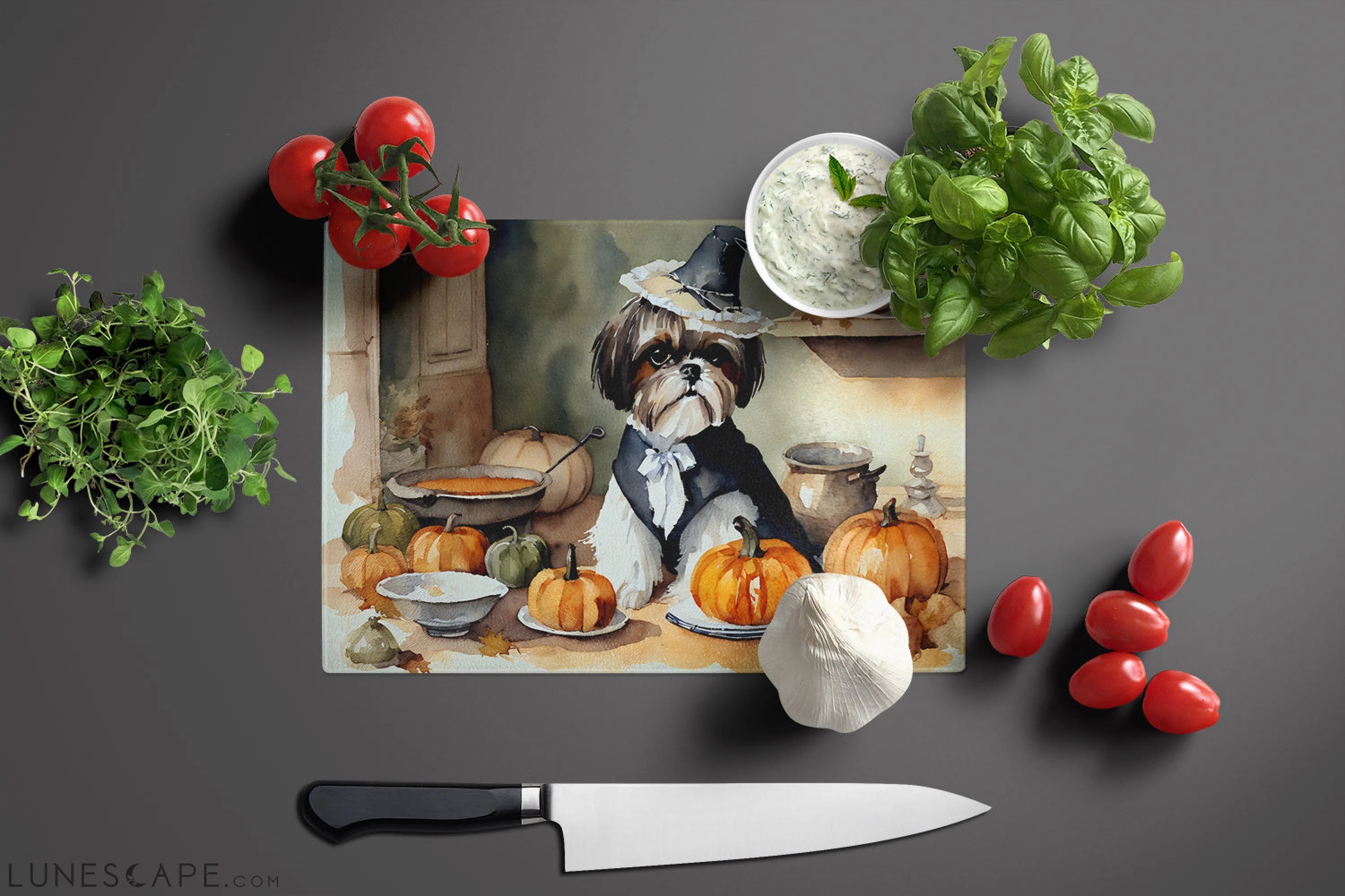 Shih Tzu Fall Thanksgiving Kitchen Pumpkins Glass Cutting Board LUNESCAPE