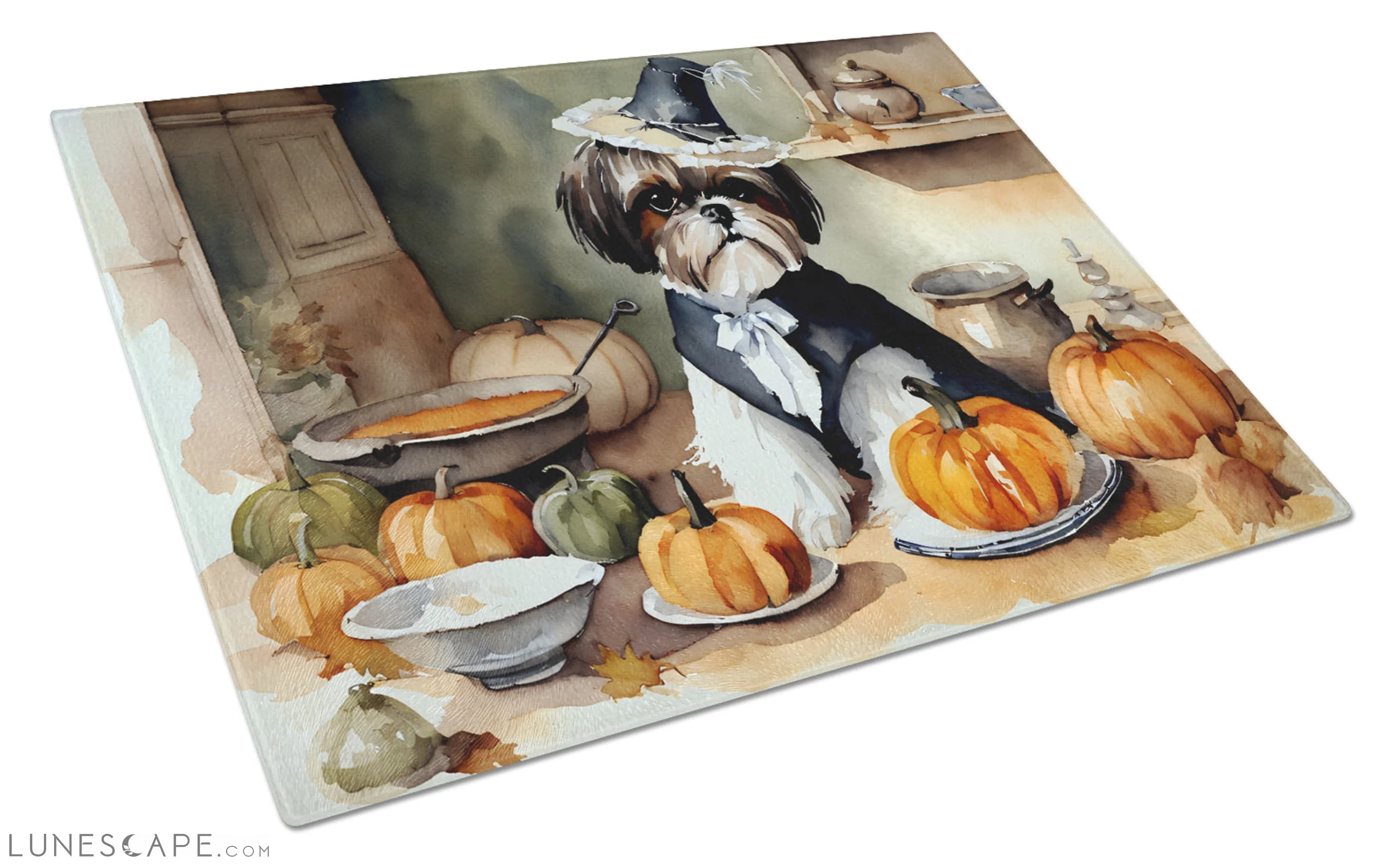 Shih Tzu Fall Thanksgiving Kitchen Pumpkins Glass Cutting Board LUNESCAPE